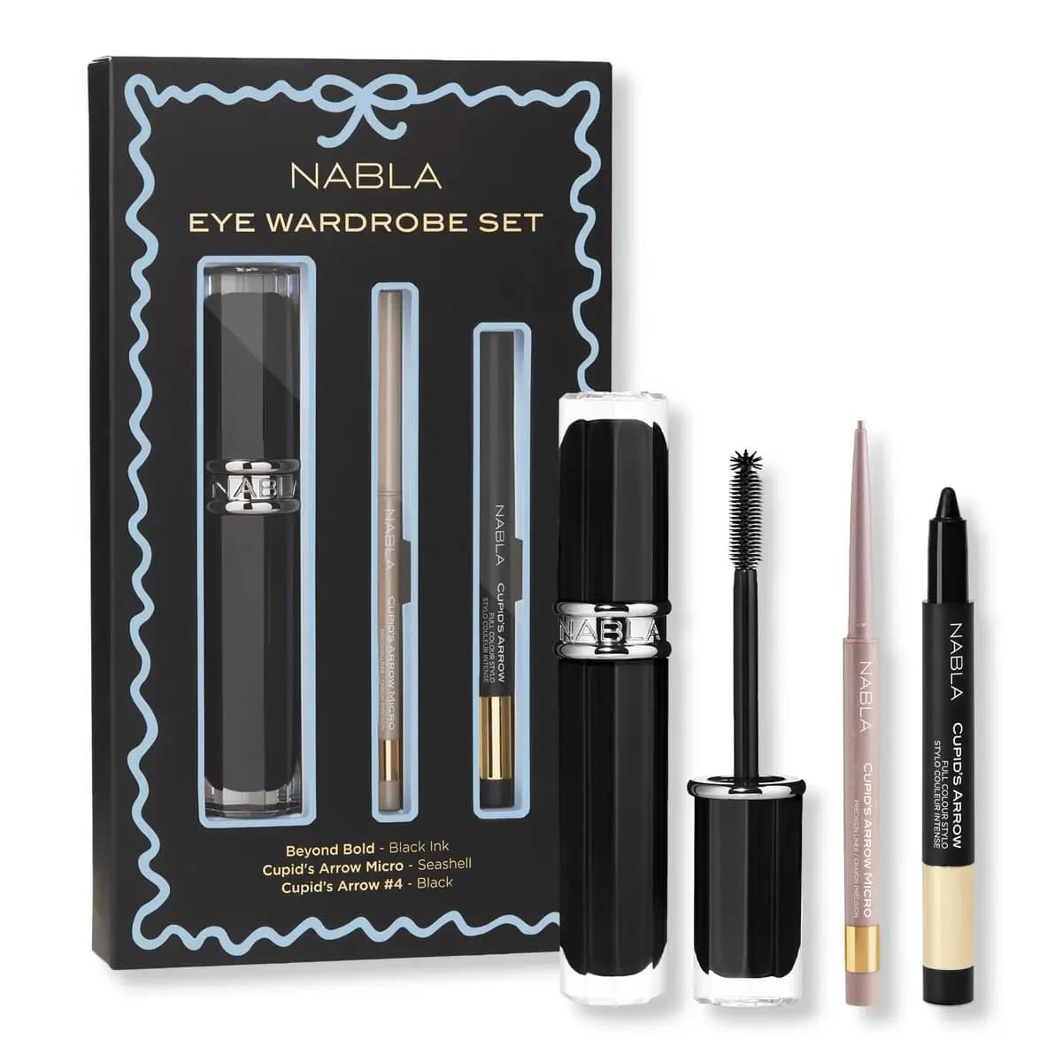 Eye Wardrobe Set box with black mascara, Seashell Cupid's Arrow Micro liner and black Cupid's Arrow pencil