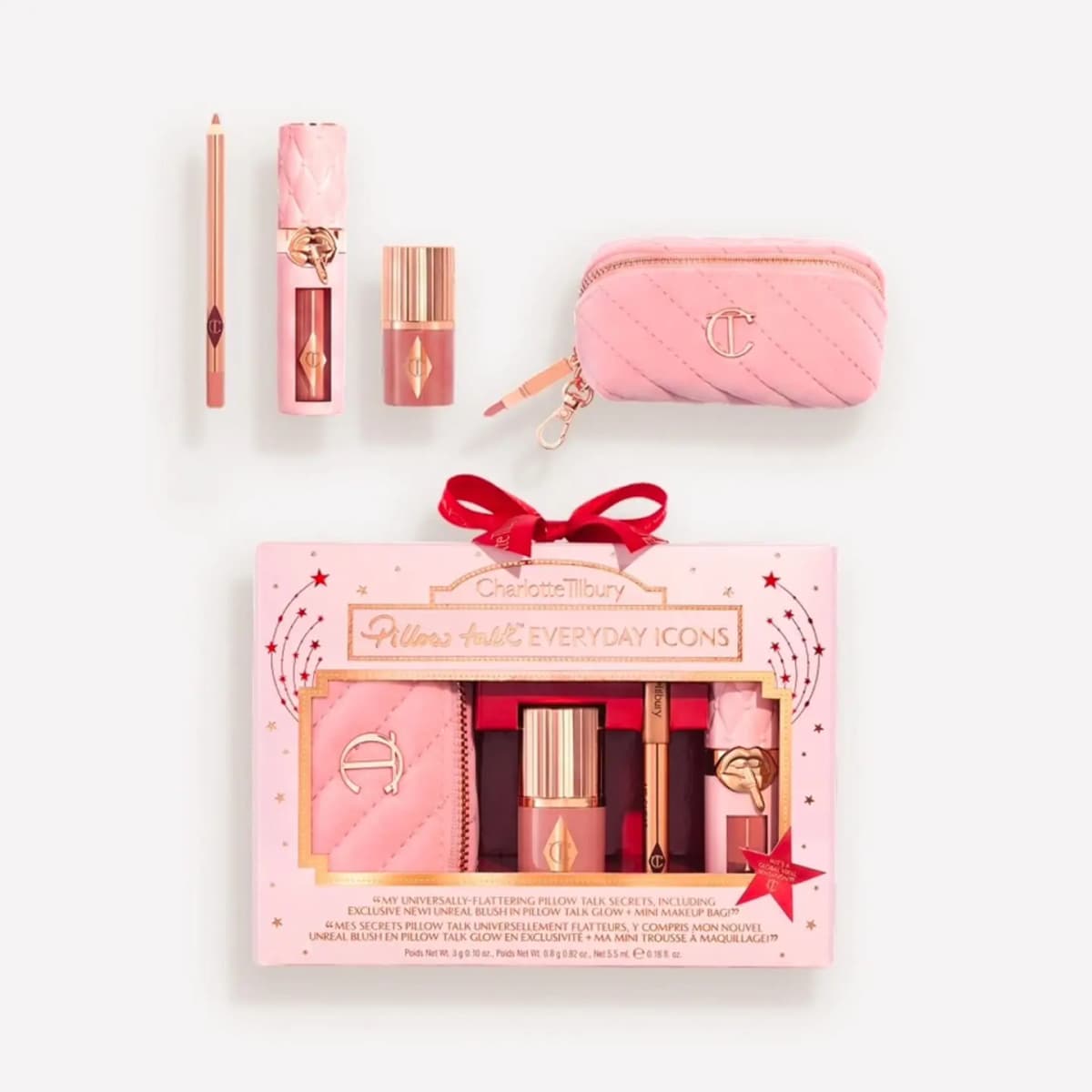 Pillow Talk Everyday Icons set: lip liner, liquid lip, Unreal Blush and quilted pink velvet pouch beside its pink box