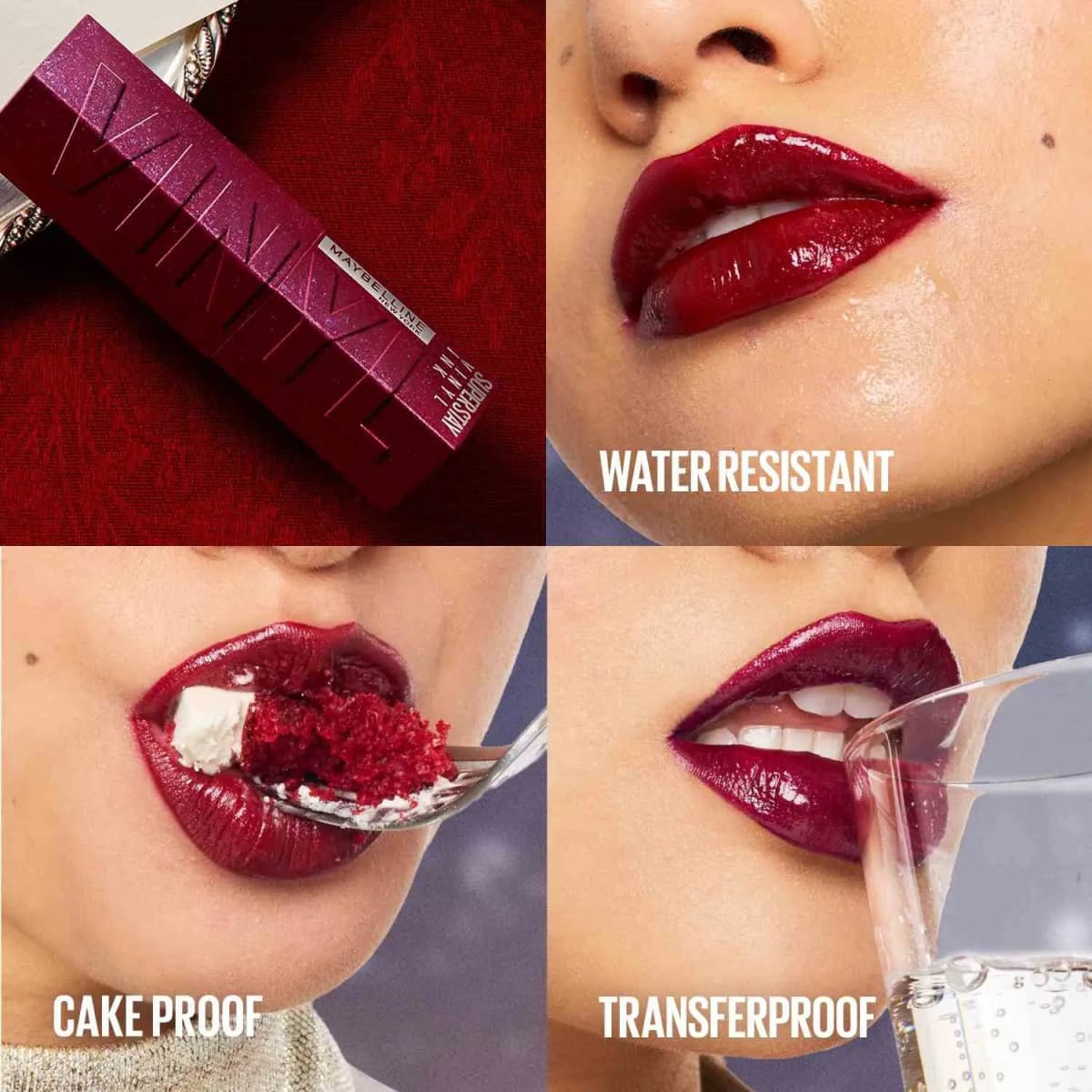 Sparkly Maybelline Super Stay Vinyl Ink tube beside glossy red lips shown water resistant, cake proof and transferproof