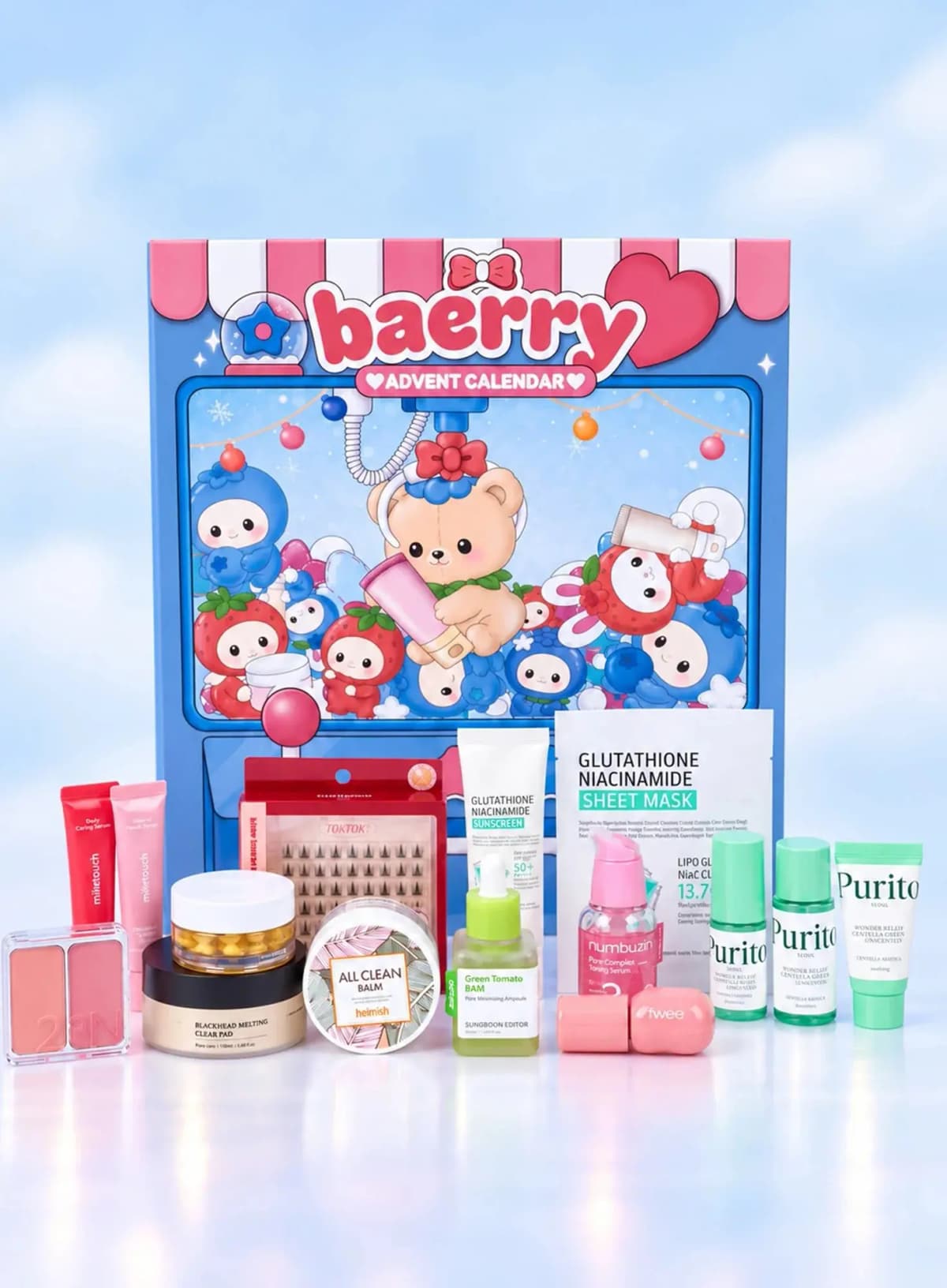 Blue Baerry Advent Calendar box with heimish, Purito, numbuzin, fwee, APLB and milktouch products lined up in front