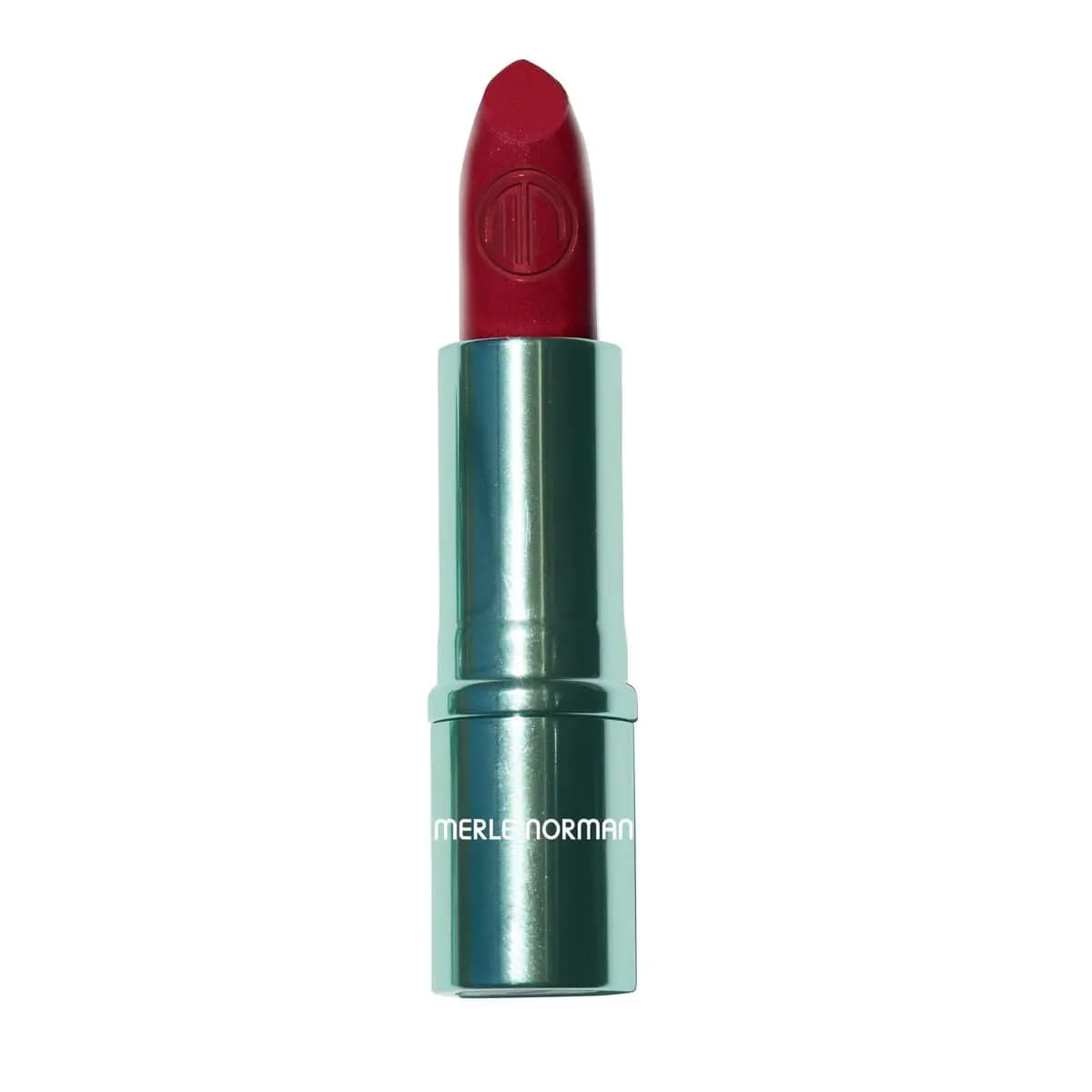 Single deep red lipstick with embossed logo in a glossy mint-green Merle Norman case on white