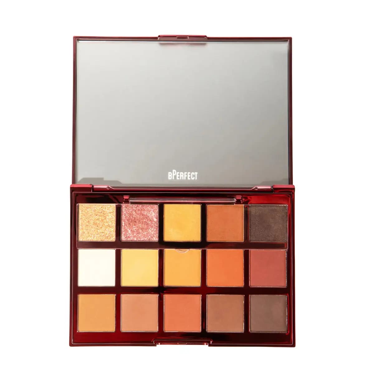 Open red-cased BPerfect palette with mirror and 15 gold, orange, brown and white eyeshadows in matte and shimmer