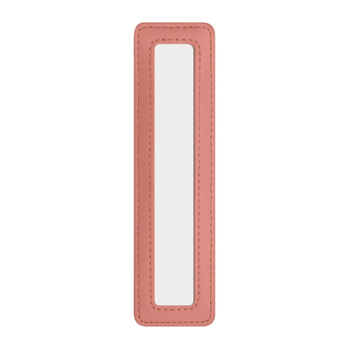 Back of the stitched coral-pink leather lip sleeve with a long rectangular inset mirror