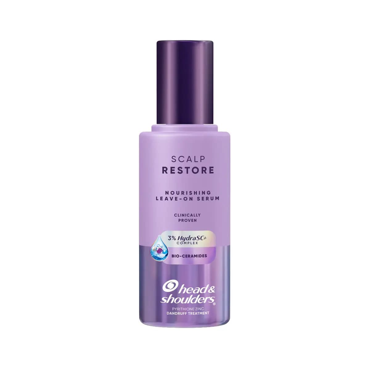 Scalp Restore Nourishing Leave-On Serum in a lilac bottle with a tall dark purple cap