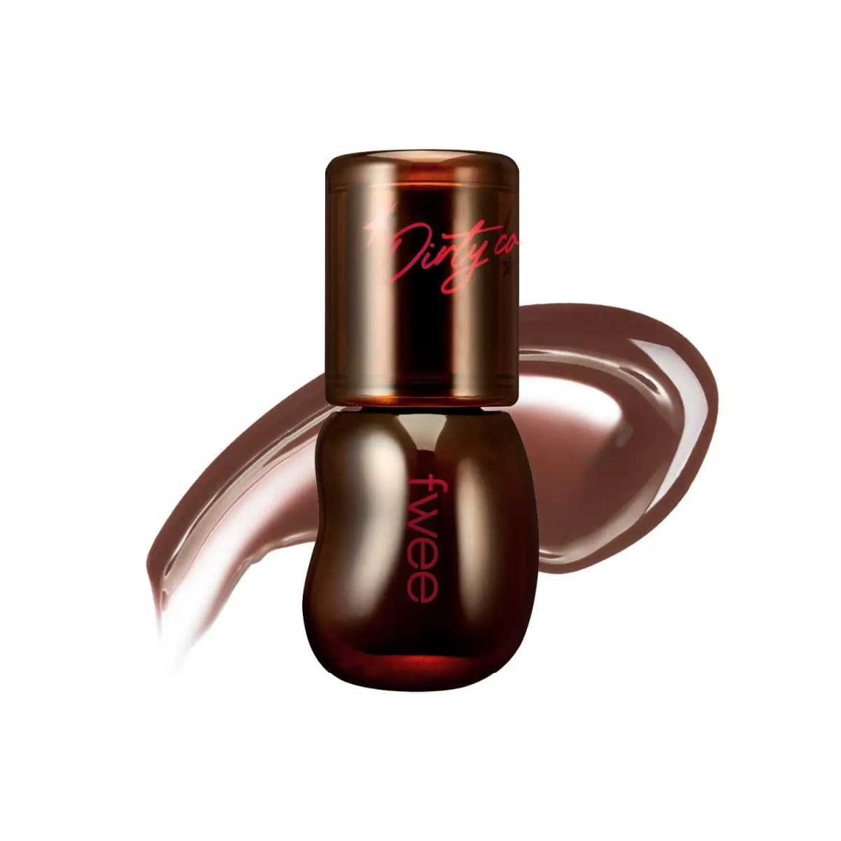 Fwee Dirty Cola gloss in a curvy amber-brown bottle over a sheer, glossy brown swatch.