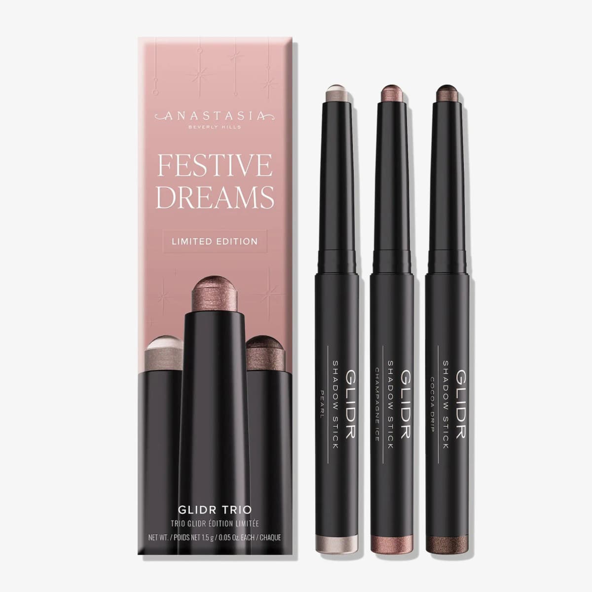 Festive Dreams GLIDR trio of black shadow sticks in Pearl, Champagne Ice and Cocoa Drip