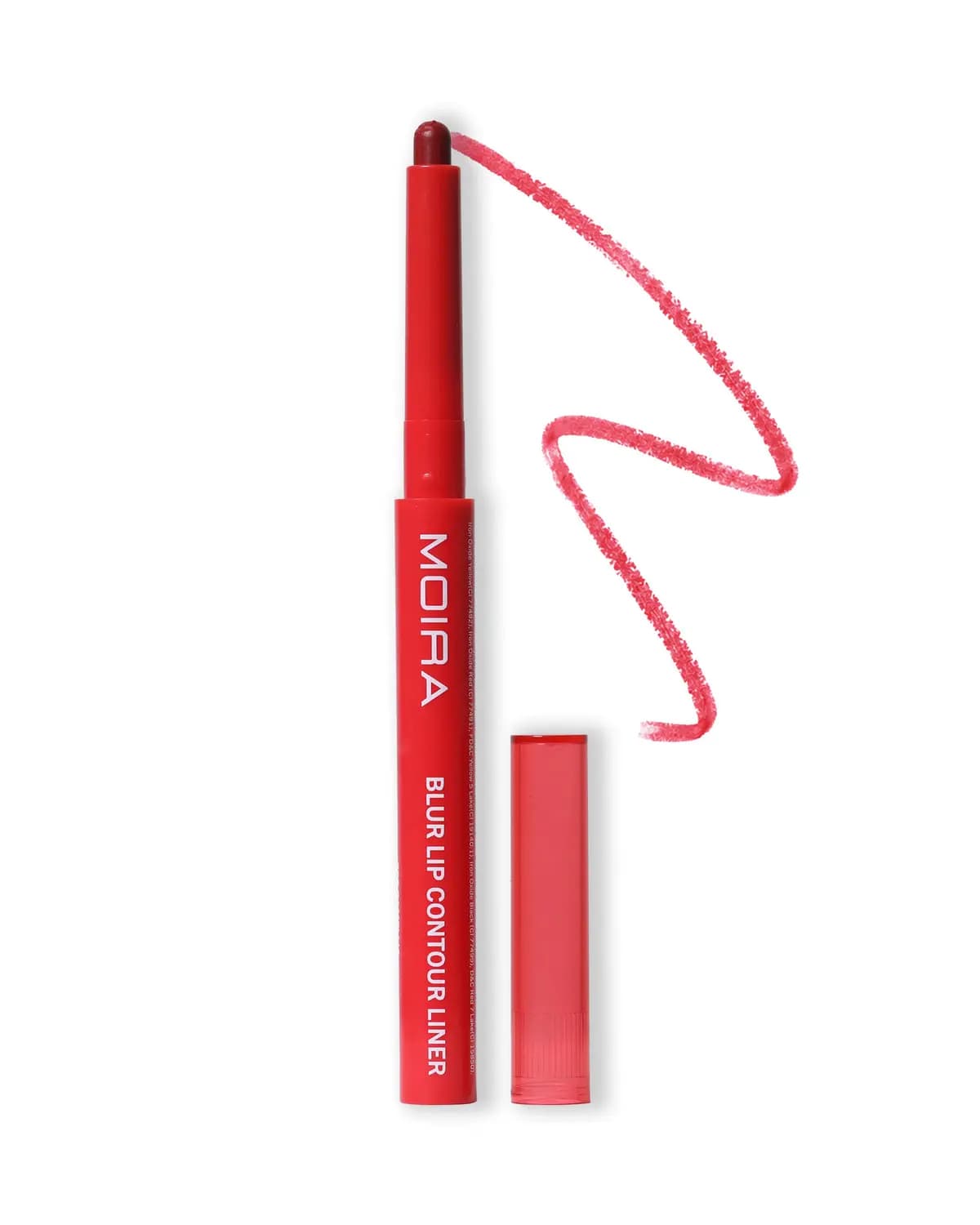 Red liner with cap off beside its clear red cap and a zigzag swatch on white
