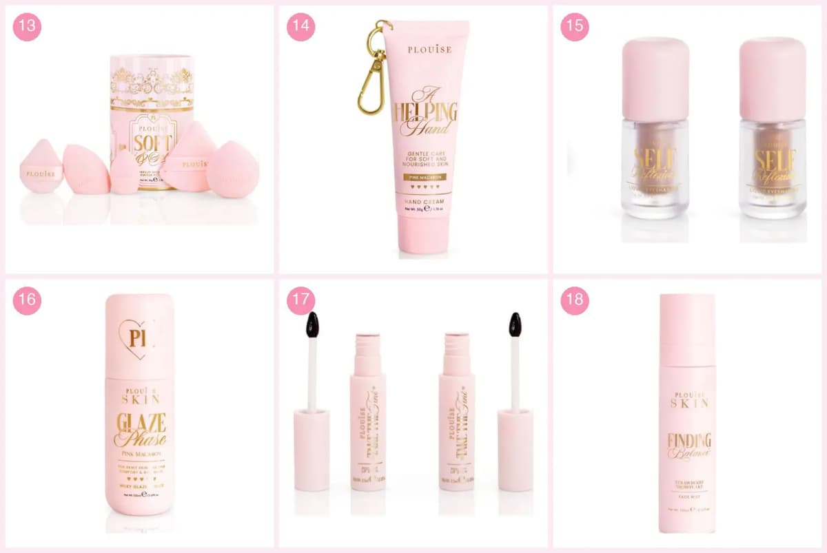 P.Louise Advent Calendar 2026 doors 13 to 18: sponge and puff set, hand cream, liquid eyeshadow set, primer, peel-off lip stains and face mist
