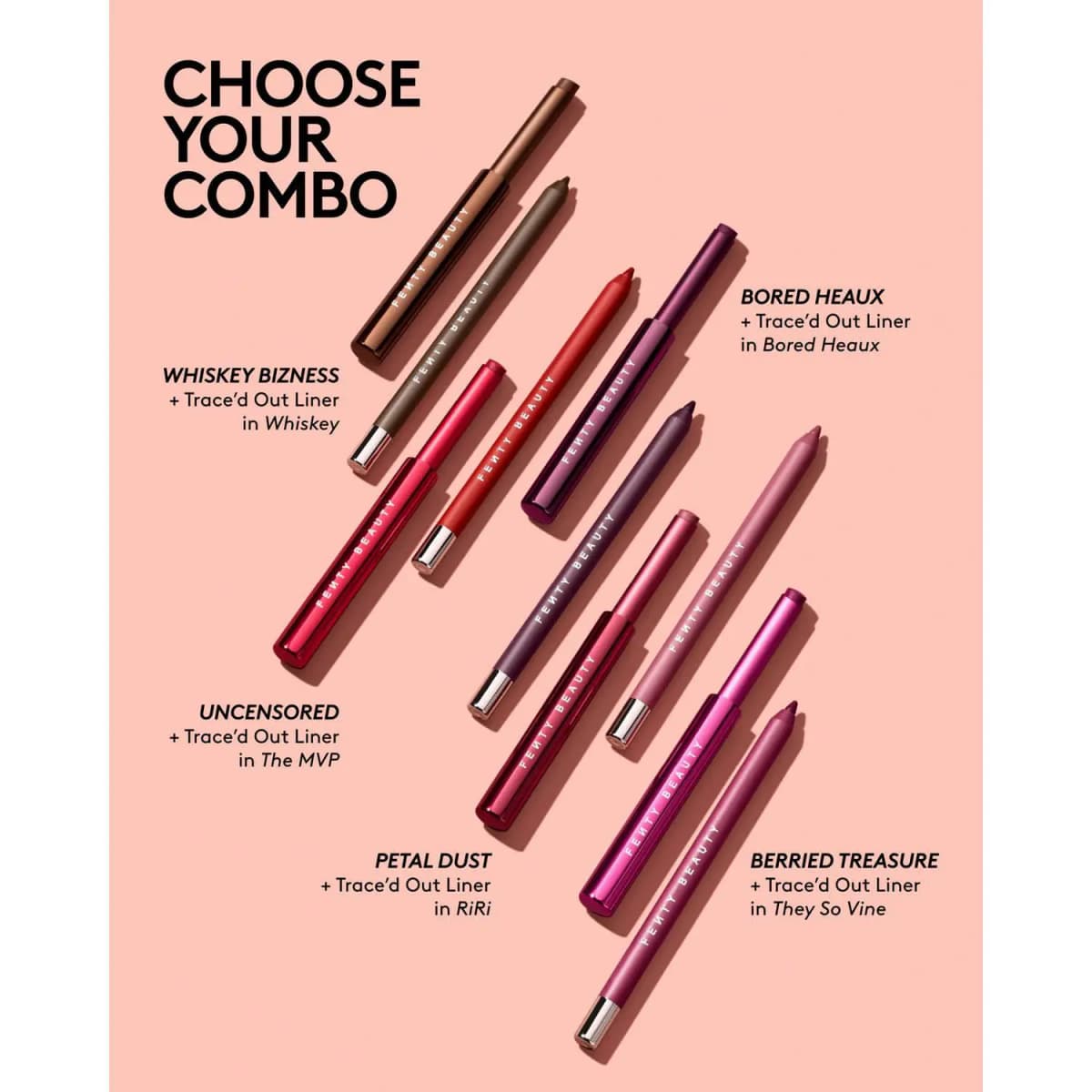 Five lipsticks laid diagonally on peach, each paired with a matching Trace'd Out lip liner in a suggested combo