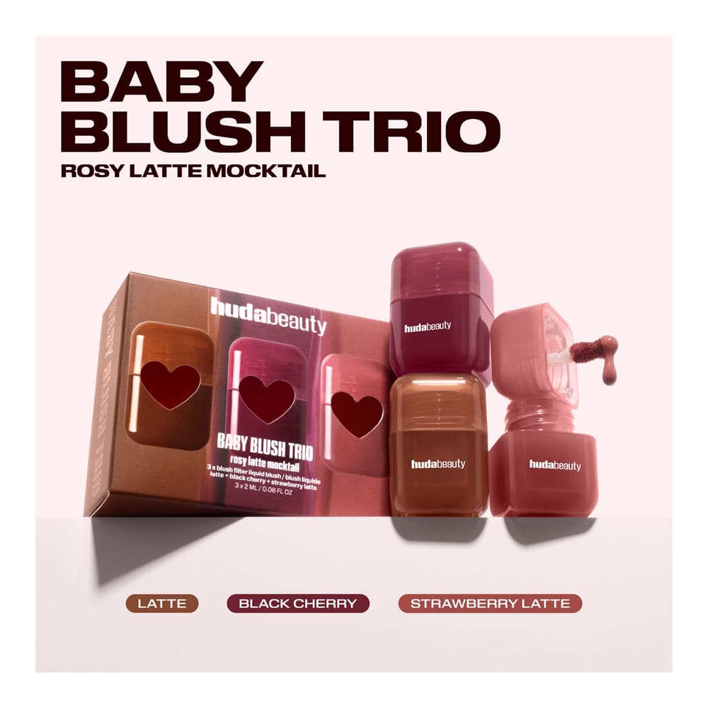 Baby Blush Trio Rosy Latte Mocktail box with stacked minis in Latte, Black Cherry and Strawberry Latte, one wand dripping