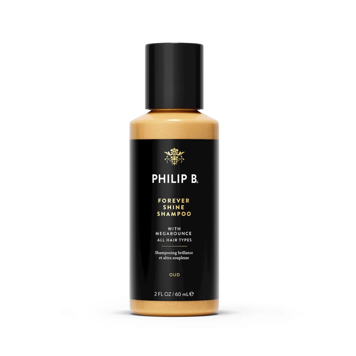 Philip B Forever Shine Shampoo in a 60 mL gold and black bottle with a black cap