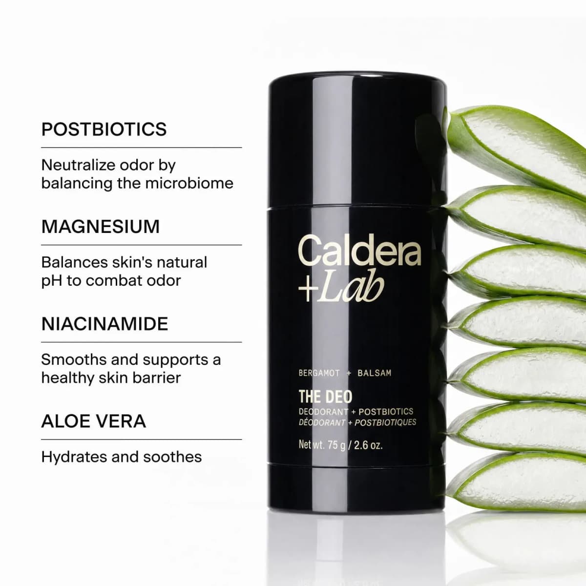 Black deodorant stick against aloe vera slices, listing postbiotics, magnesium, niacinamide and aloe vera benefits