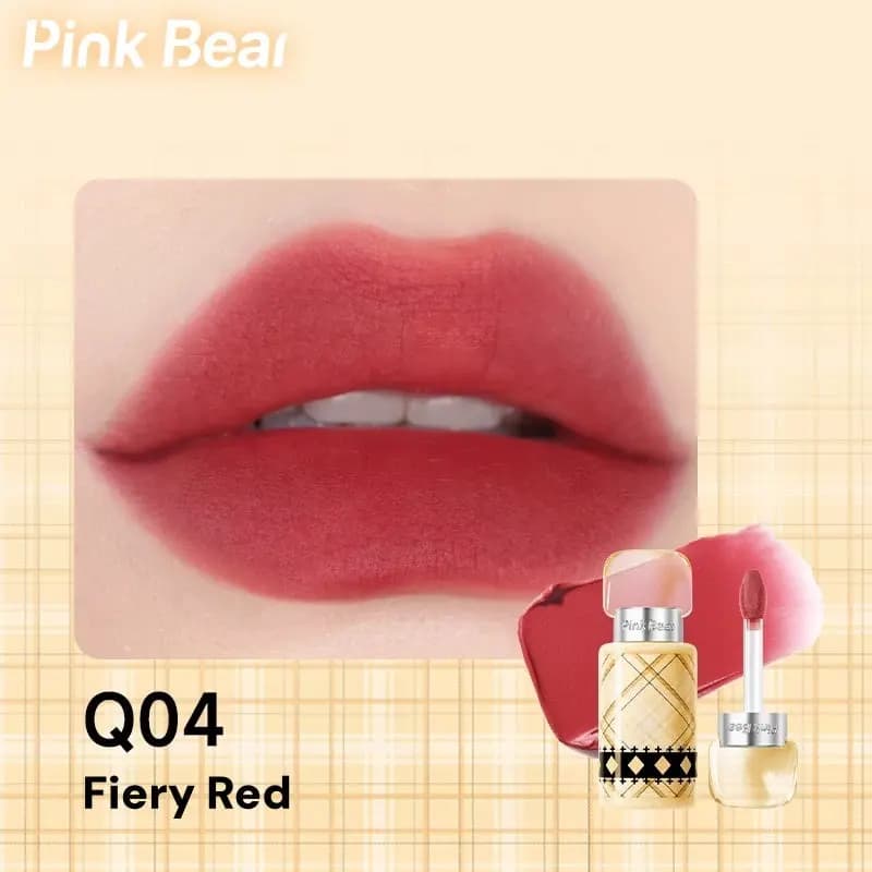 Deep red matte lip swatch labeled Q04 Fiery Red with the yellow plaid lip mud bottle.