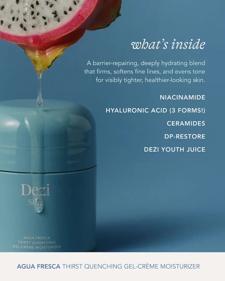 Clear drop falling from a halved dragon fruit onto the blue moisturizer jar, beside a key ingredients list