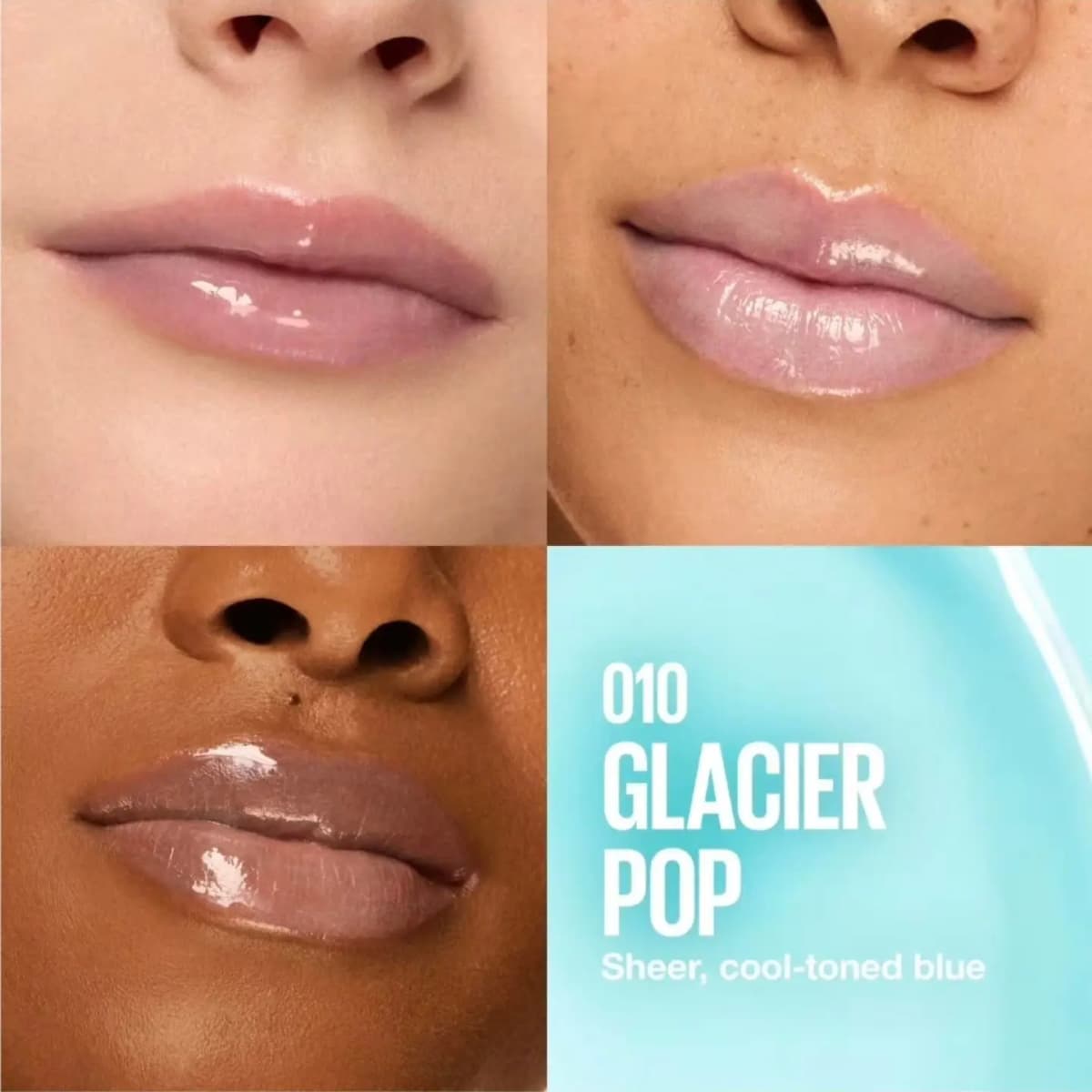Glacier Pop sheer cool-toned blue gloss giving a soft pinky-clear sheen on three skin tones