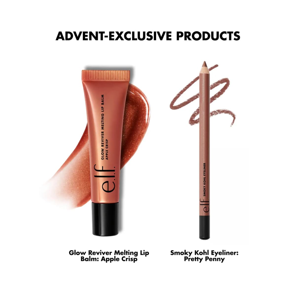 Advent-exclusive Glow Reviver Melting Lip Balm in Apple Crisp and Smoky Kohl Eyeliner in Pretty Penny with swatches