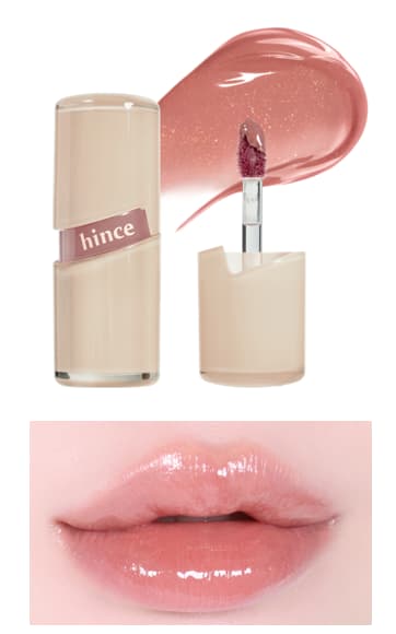Cream lip gloss tube with coral-pink shimmer swatch and juicy peachy-pink glossy lips