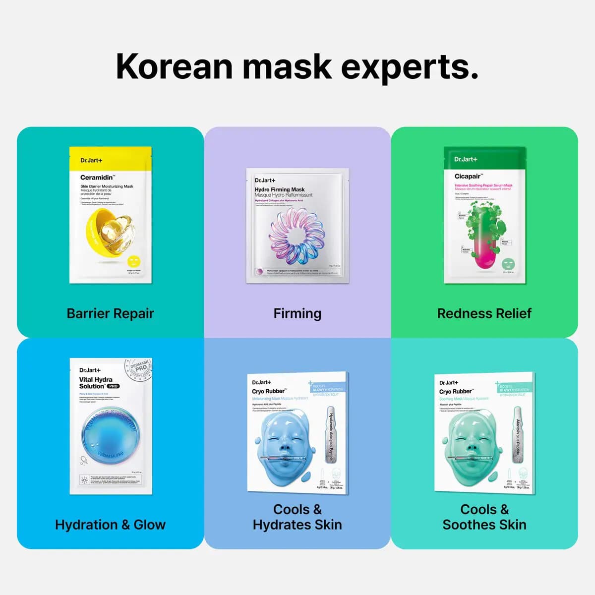 Grid of six Dr.Jart+ masks on coloured tiles labeled Barrier Repair, Firming, Redness Relief, Hydration and Cooling