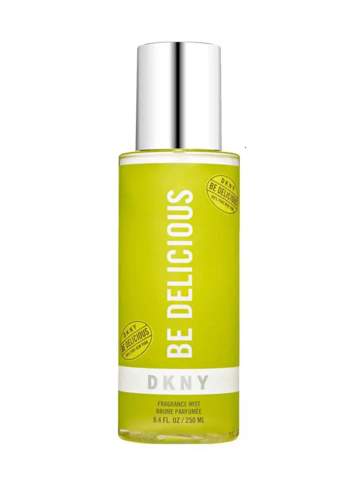 Lime-green DKNY Be Delicious 250ml fragrance mist bottle with silver cap and white vertical lettering.