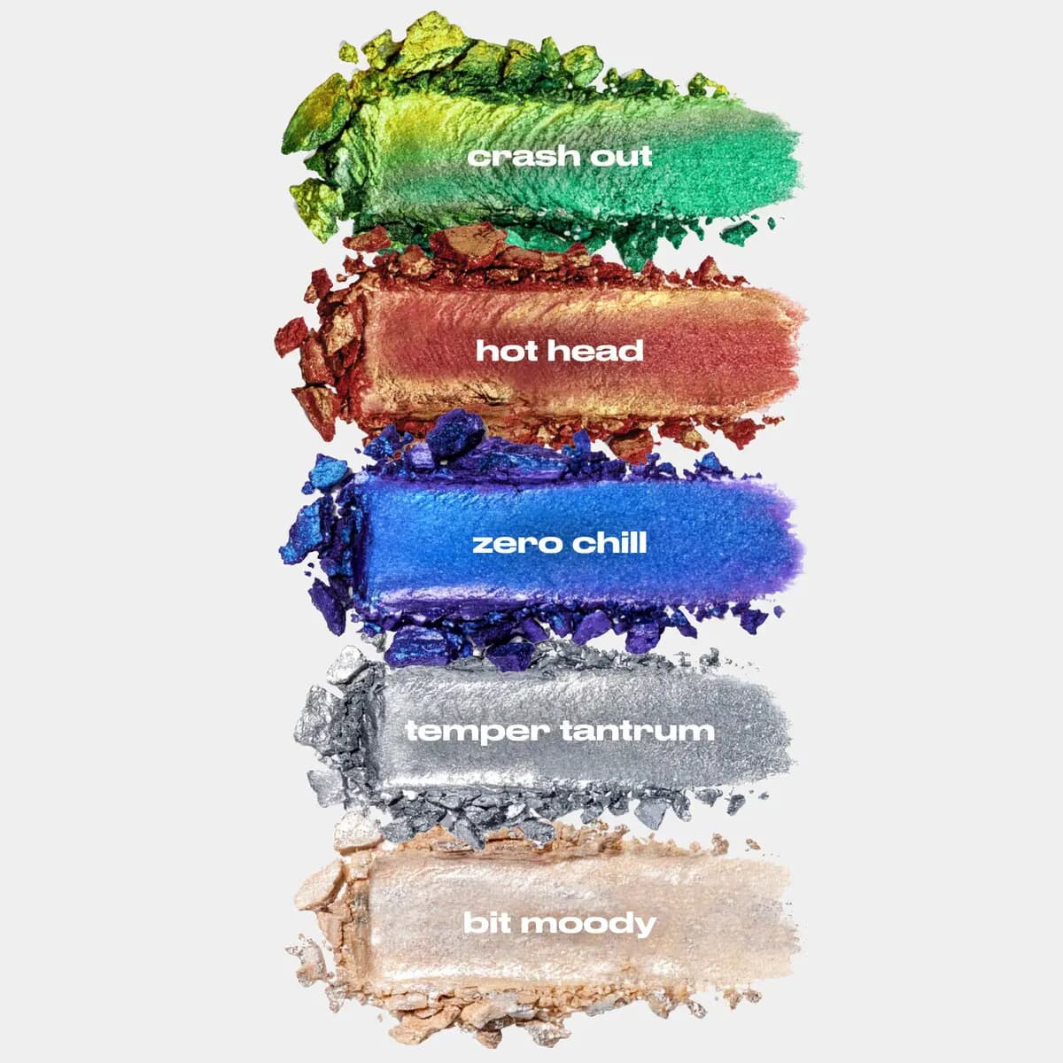 Crushed swatches of all five shades stacked vertically, with green, red, blue and purple shifts and silver