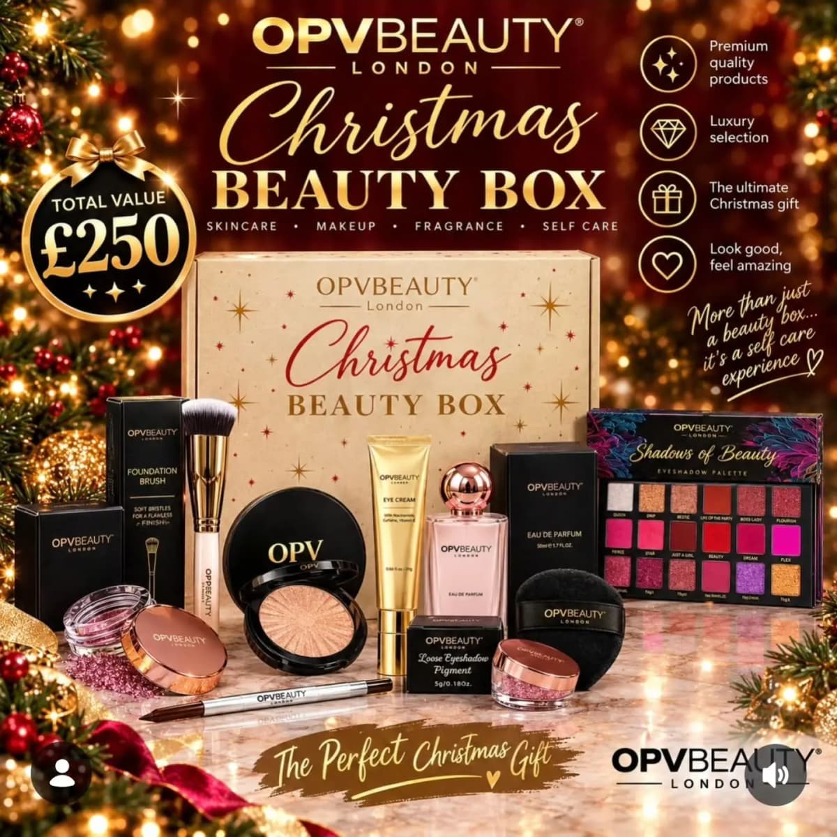 OPV Beauty London Christmas Beauty Box promo showing ten products including palette, perfume, brush and highlighter, valued