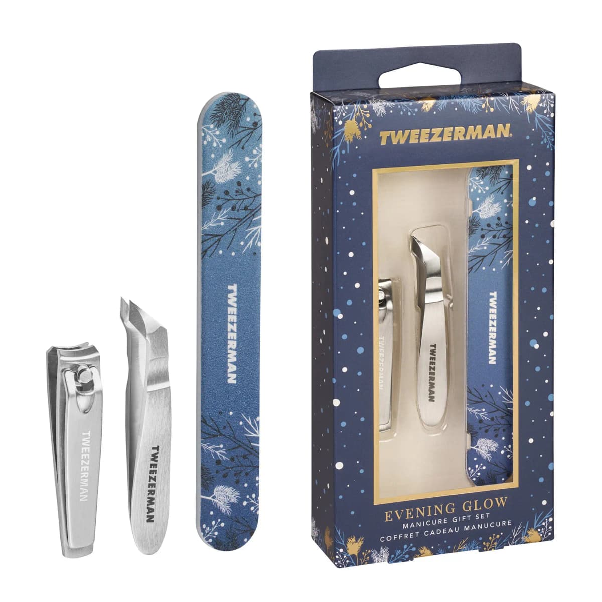 Evening Glow Manicure Gift Set with steel nail clipper, cuticle nipper and blue winter-print nail file beside box