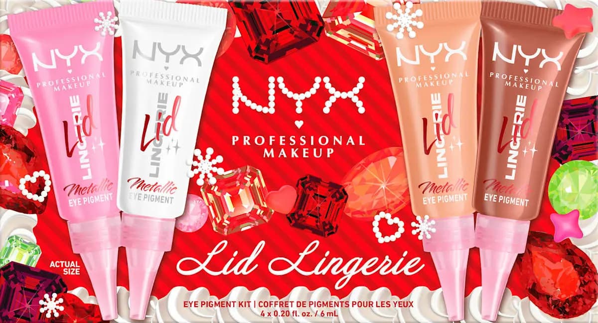 NYX Lid Lingerie Metallic Eye Pigment kit of four tubes in pink, white, peach and bronze on red gem box.