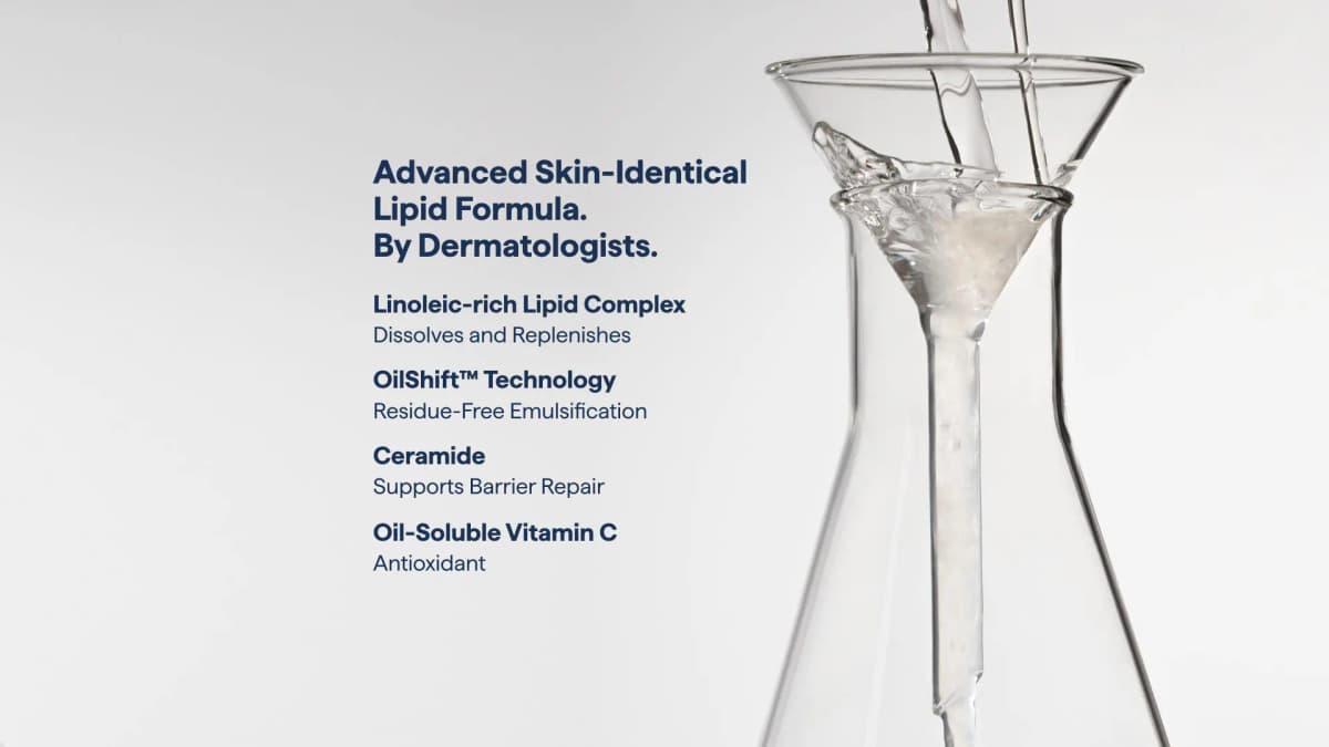 Liquid pouring through a glass lab funnel next to a list of lipids, OilShift, ceramide and vitamin C benefits