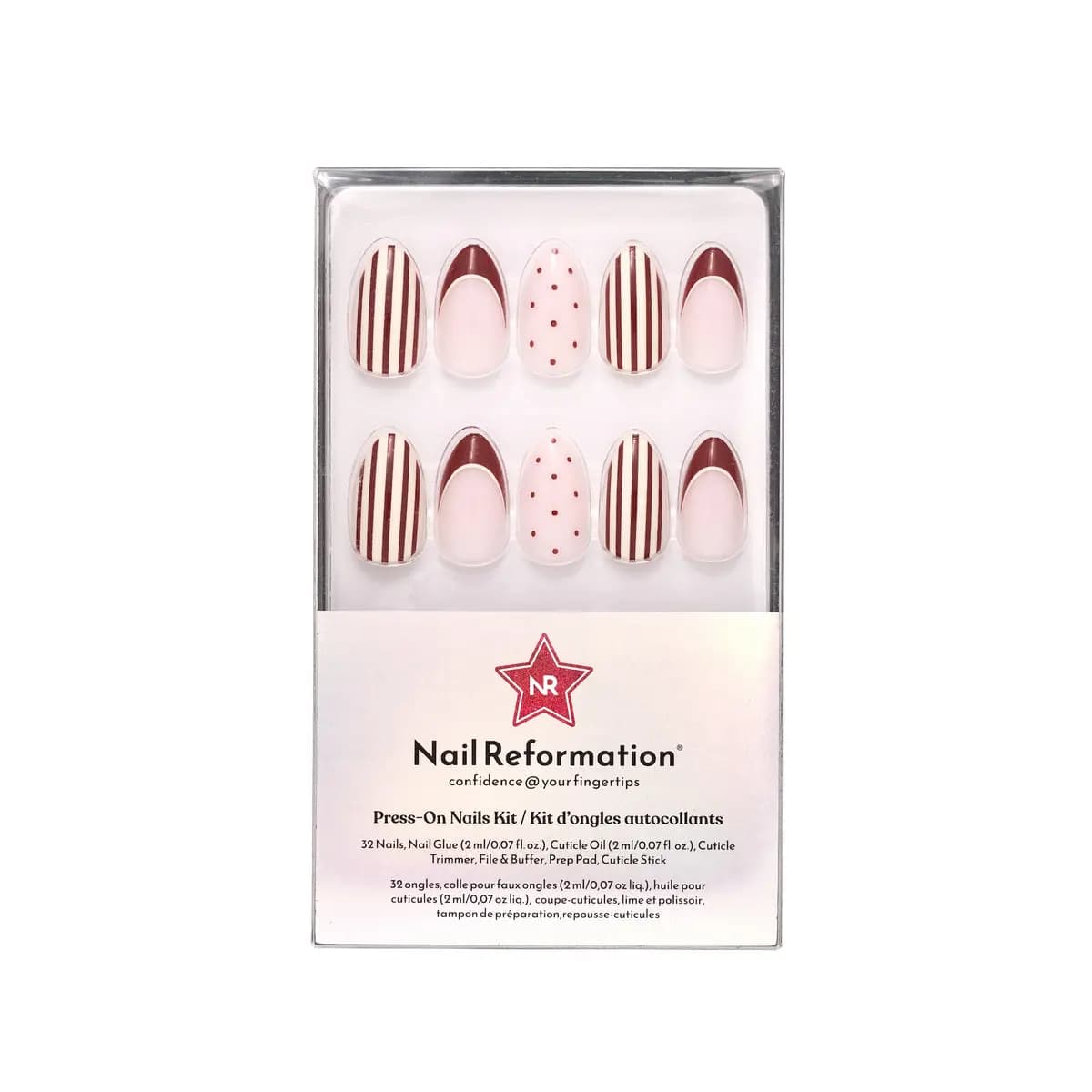 Nail Reformation Cocoa Muse kit with blush nude nails featuring cocoa stripes, red dots and dark French tips in clear box.