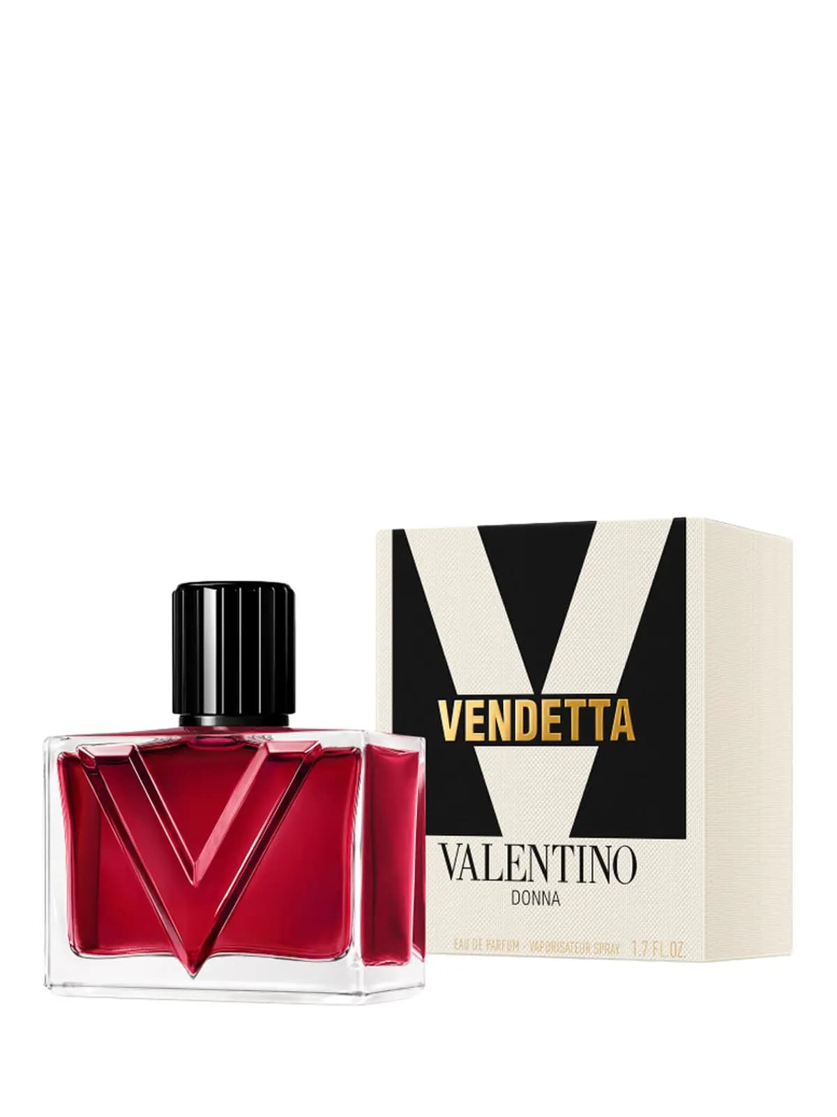 Red Vendetta Donna bottle beside its cream and black V-patterned box with gold Vendetta lettering