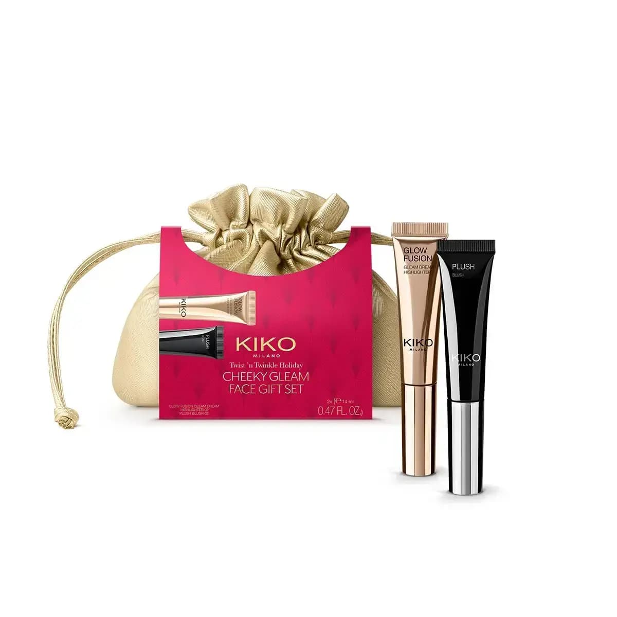 KIKO Cheeky Gleam Face Gift Set: gold pouch with Glow Fusion highlighter and Plush blush tubes