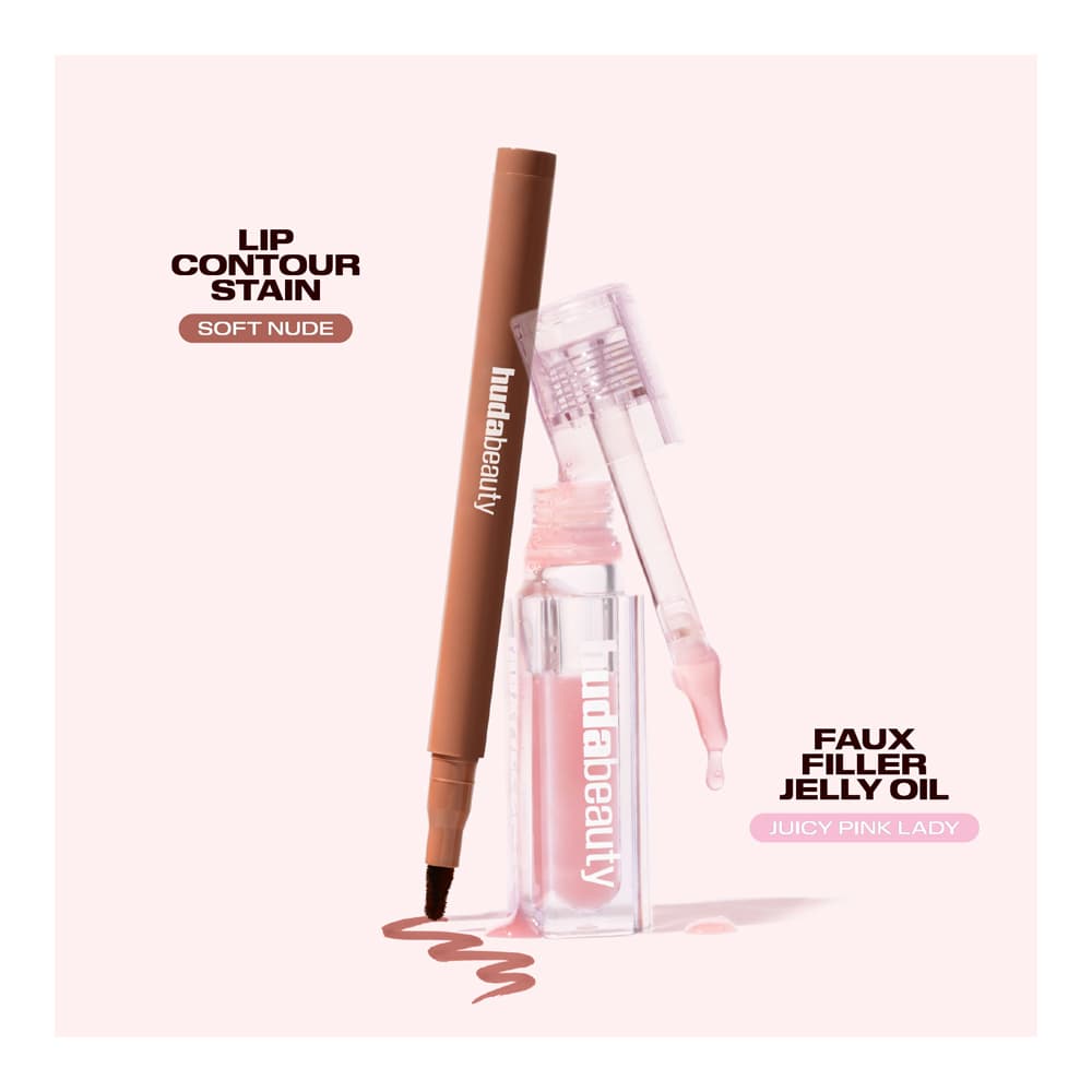 Lip Contour Stain in Soft Nude leaning on Faux Filler Jelly Oil in Juicy Pink Lady with pink oil dripping