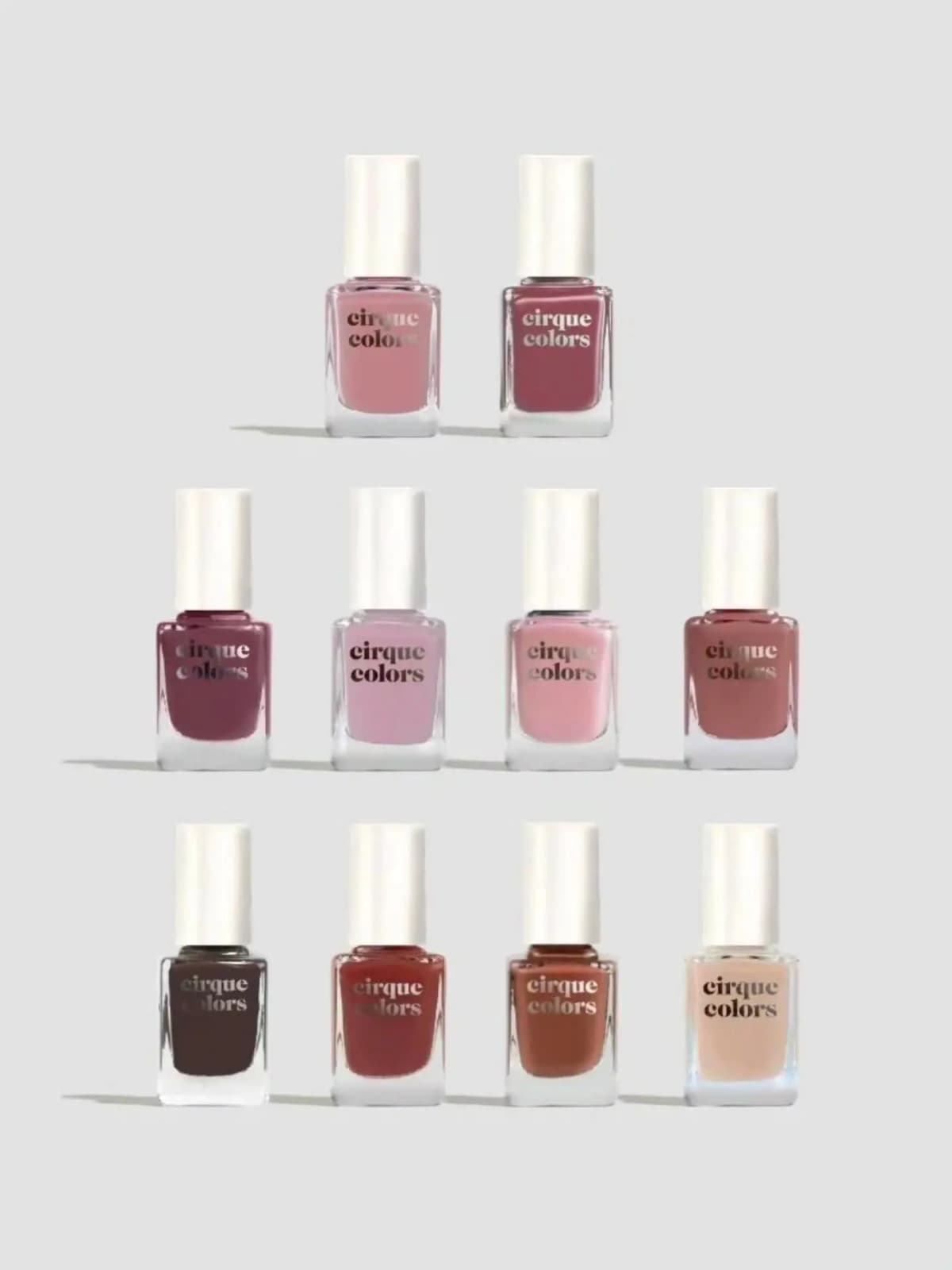 Cirque Colors Hey Cha Collection nail polish: 10 bottles in pinks, mauves, browns and a nude arranged in three rows