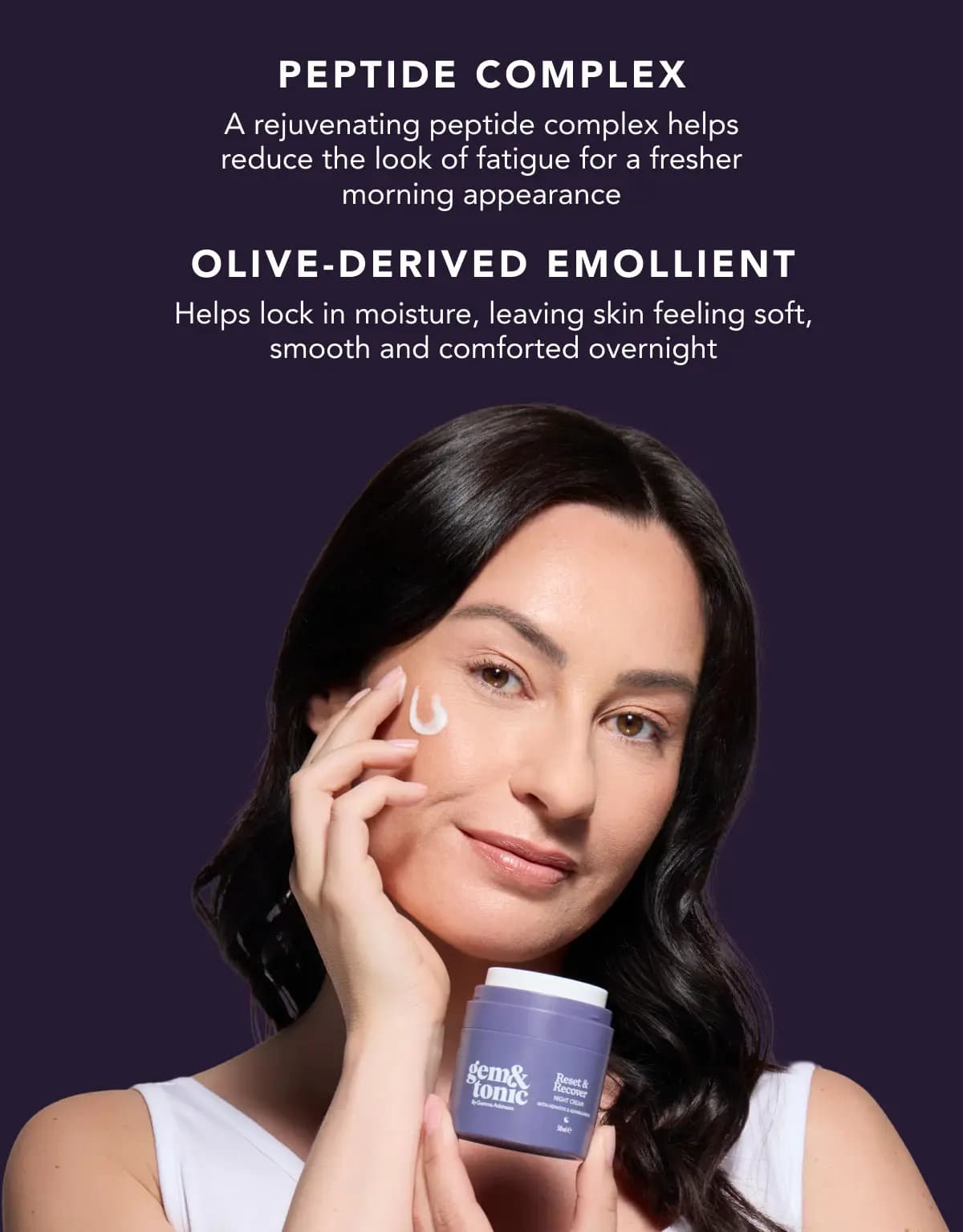 Dark-haired woman applies a white cream swatch to her cheek holding the jar, under peptide and emollient text