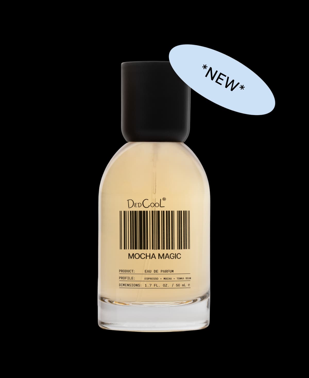 DedCool Mocha Magic 50ml eau de parfum bottle with black cap and barcode label, marked with a blue *NEW* sticker