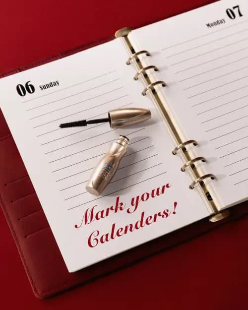 Catrice gold mini mascara lying open on a planner page with Mark your Calenders! written in red script