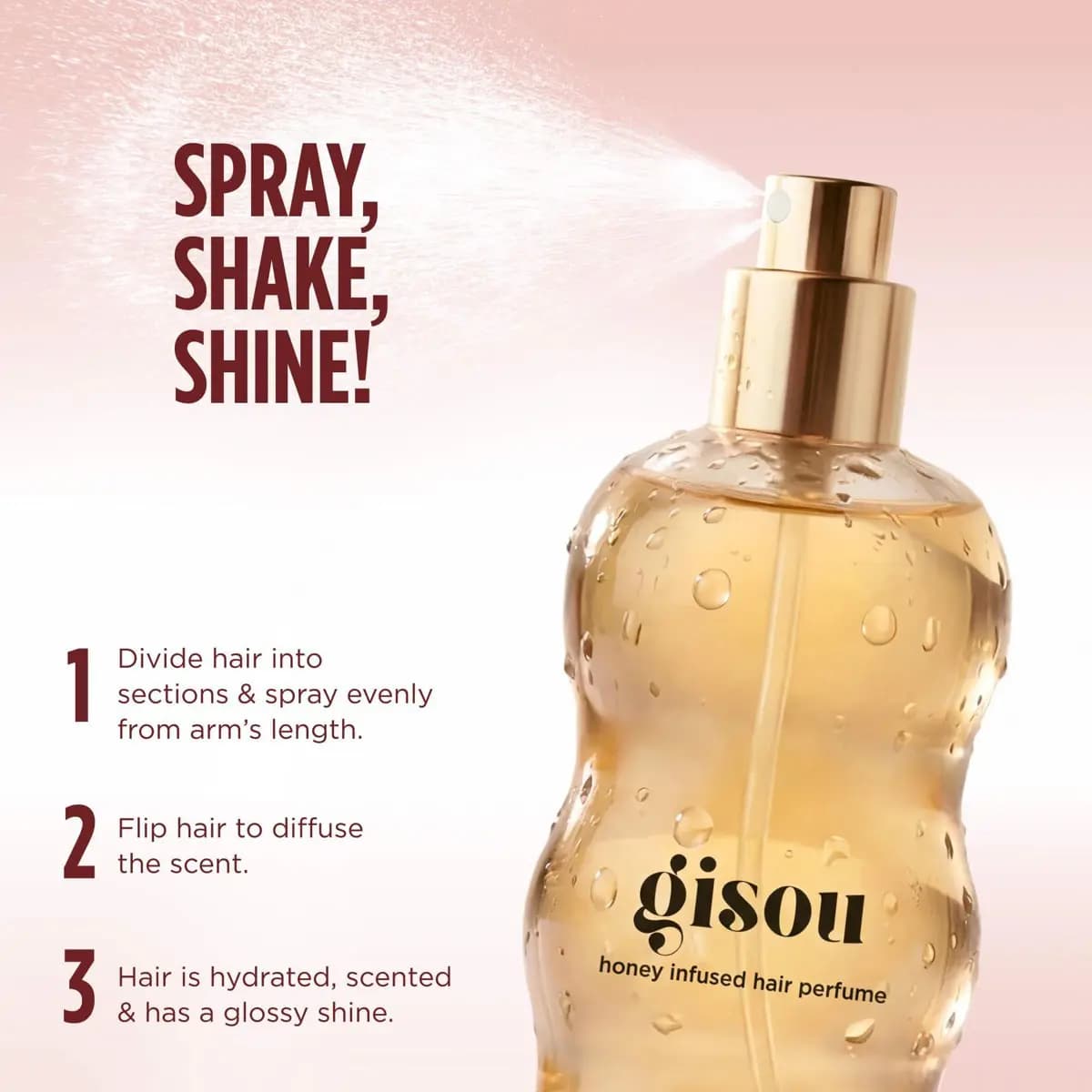 Gisou Honey Infused Hair Perfume being sprayed, with three usage steps: divide hair into sections, flip to diffuse, and enjoy hydrated scented hair