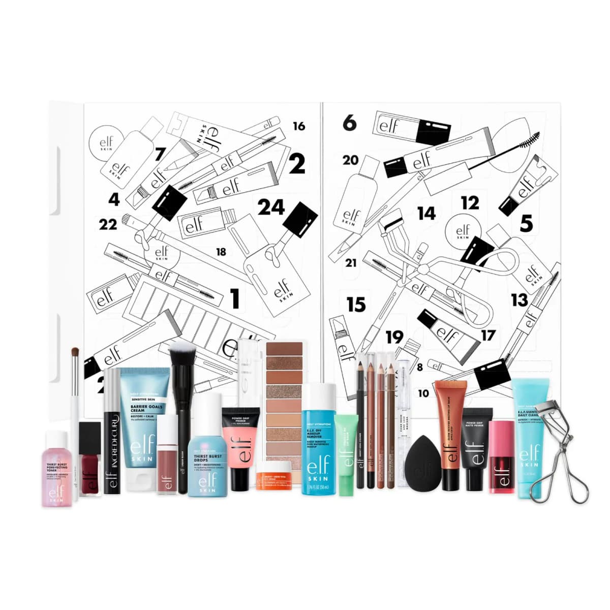 Open calendar with numbered doors over line-art, the full lineup of skincare, makeup and a lash curler lined up in front