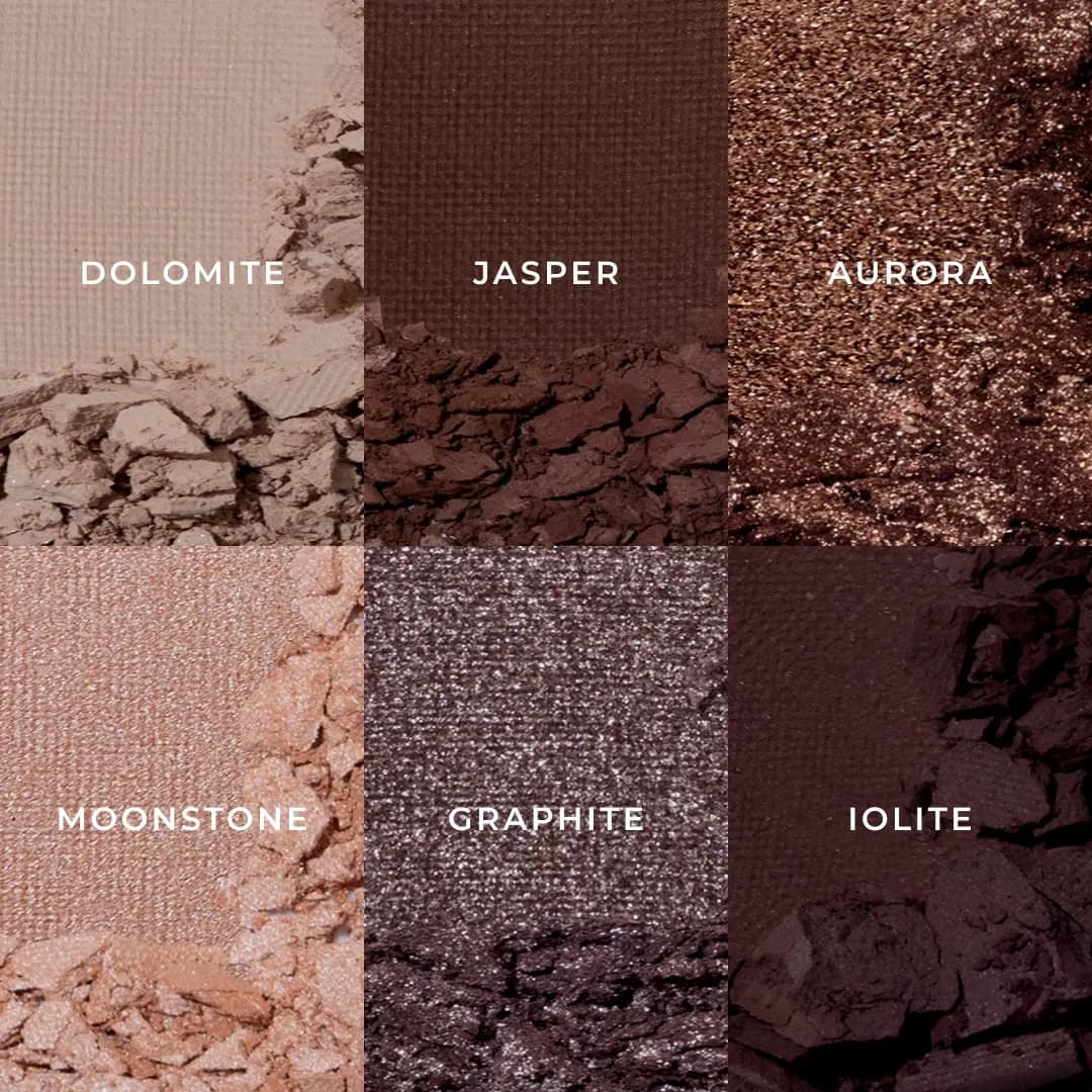 Labelled shade textures: Dolomite, Jasper, Aurora, Moonstone, Graphite and Iolite with matte and shimmer finishes