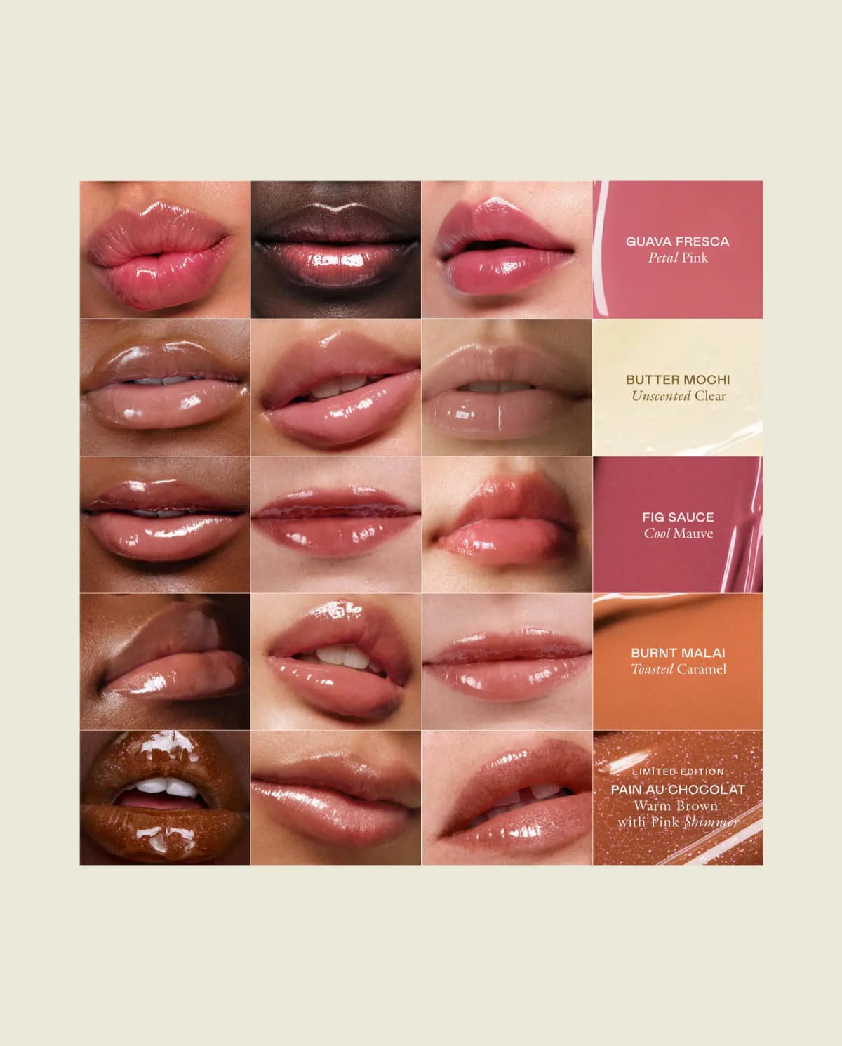 Grid of glossy lips across skin tones paired with labelled colour tiles for each of the five Le Chouchou shades