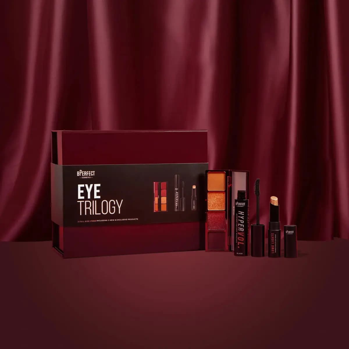 BPerfect Eye Trilogy box with four-pan orange and red eye palette, Hypervol mascara and gold Lumo Lights stick