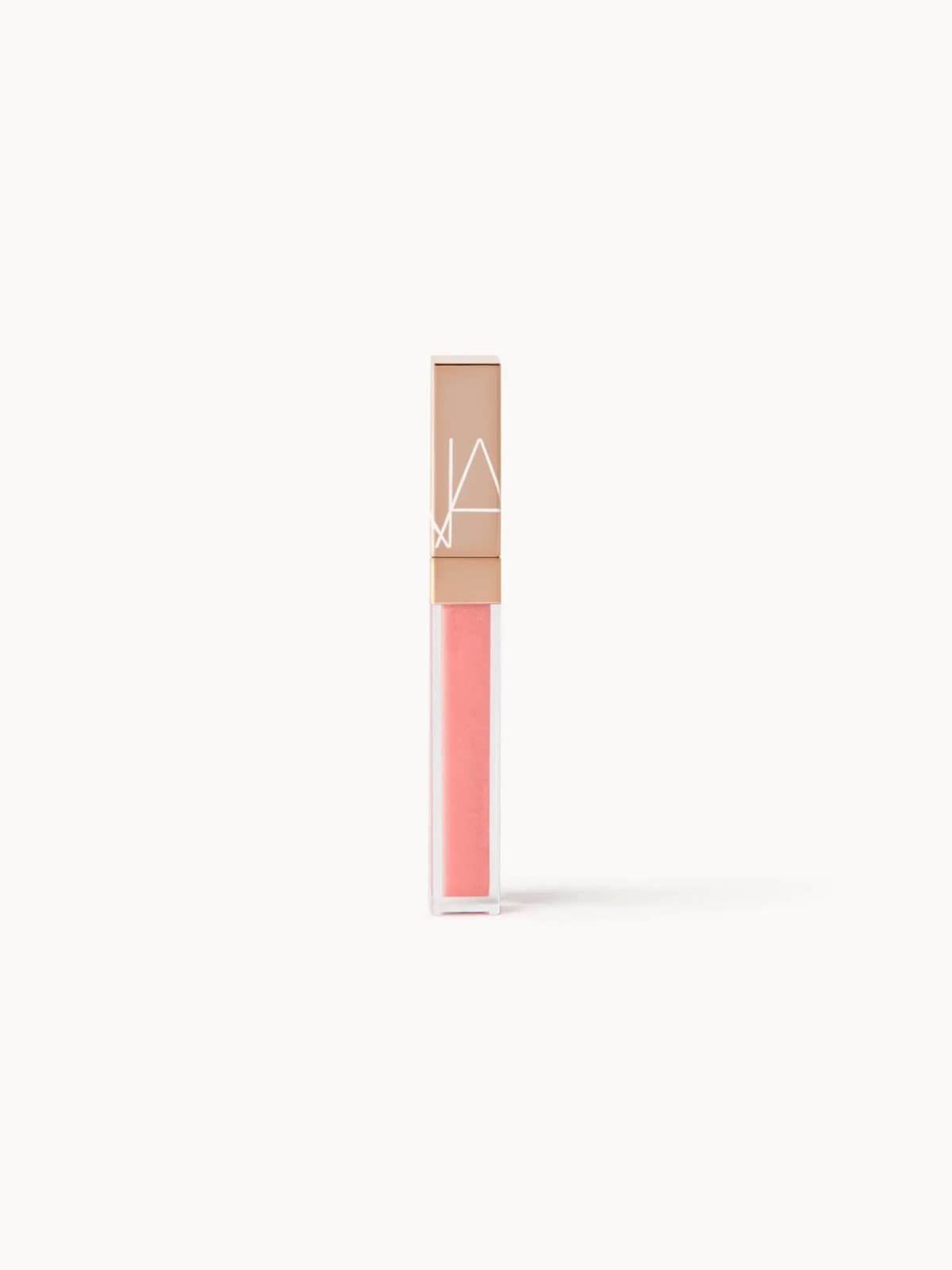 NARS lip gloss in a shimmery coral pink with a rose-gold square cap
