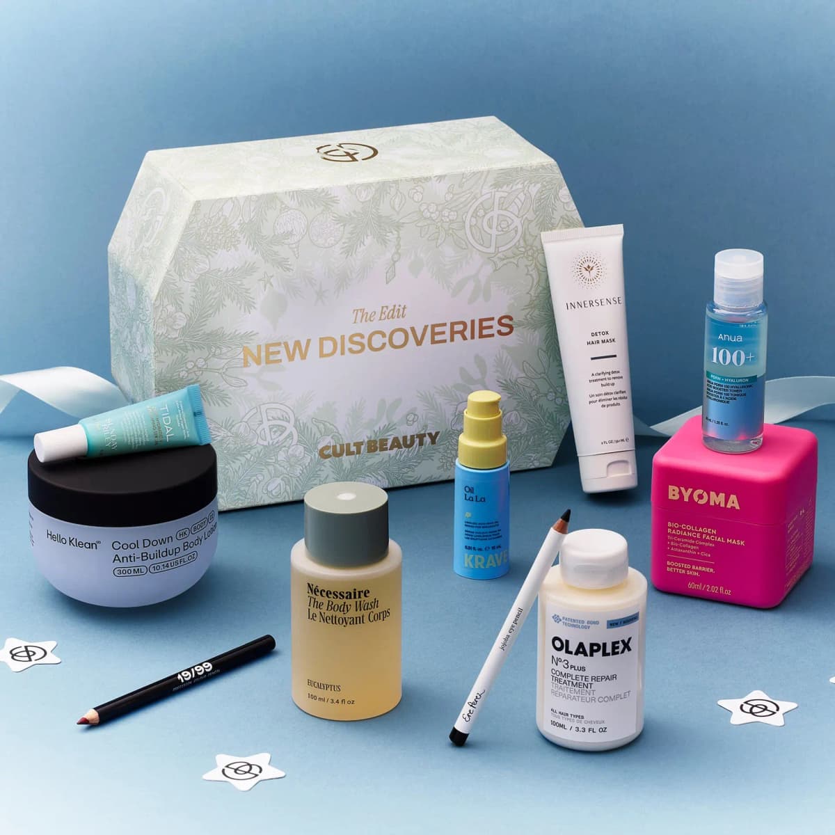 New Discoveries box on blue with BYOMA mask, Olaplex No.3 Plus, Hello Klean lotion, KraveBeauty oil and Anua toner