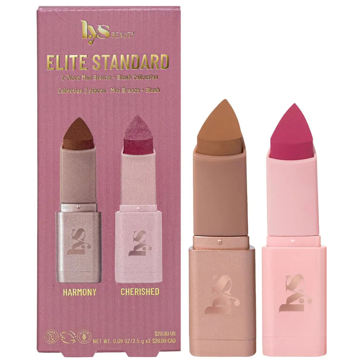 LYS Beauty Elite Standard box beside unboxed tan Harmony bronzer stick and berry-pink Cherished blush stick