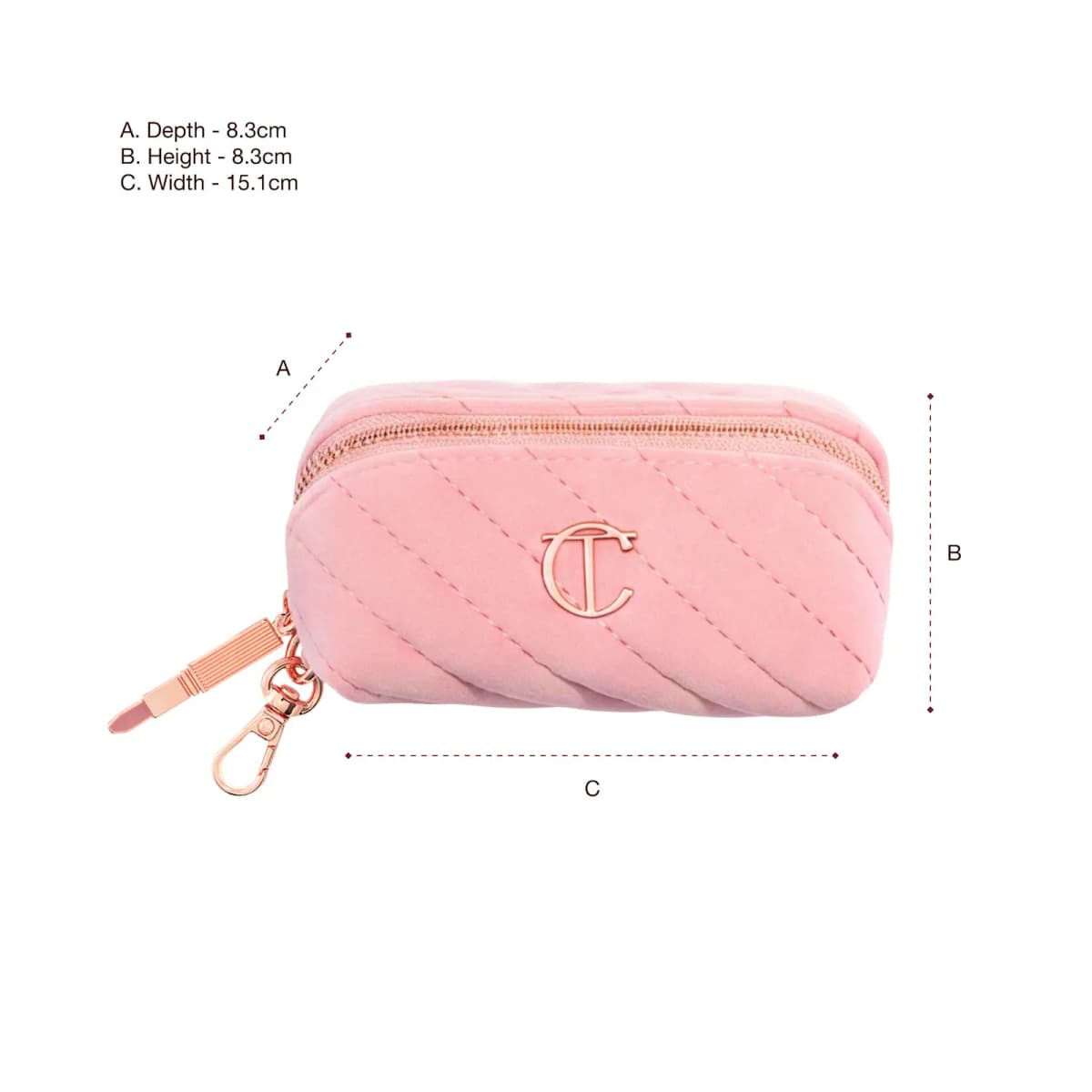 Pink quilted velvet bag with lipstick zip charm and clasp, labelled 8.3cm deep, 8.3cm high and 15.1cm wide