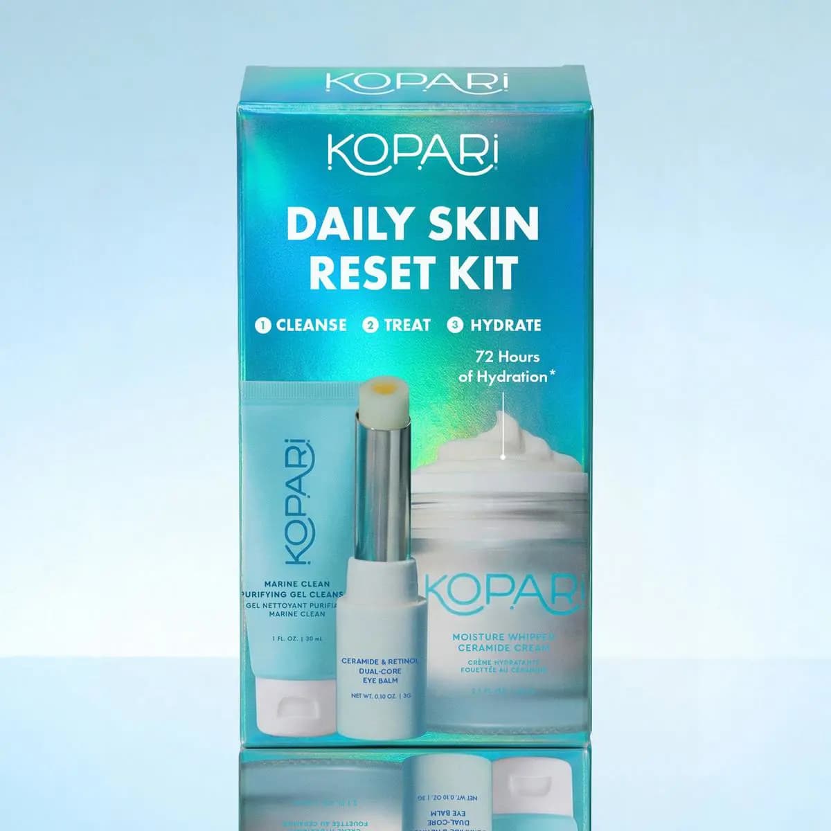 Kopari Daily Skin Reset Kit box in iridescent teal showing a gel cleanser tube, eye balm stick and ceramide cream jar