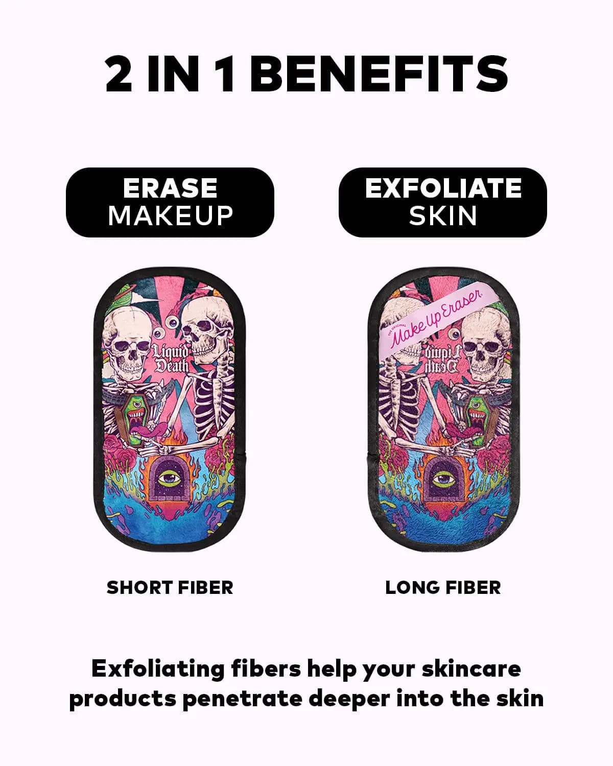 Skeleton-print eraser shown on short-fiber erase side and long-fiber exfoliate side with MakeUp Eraser tag