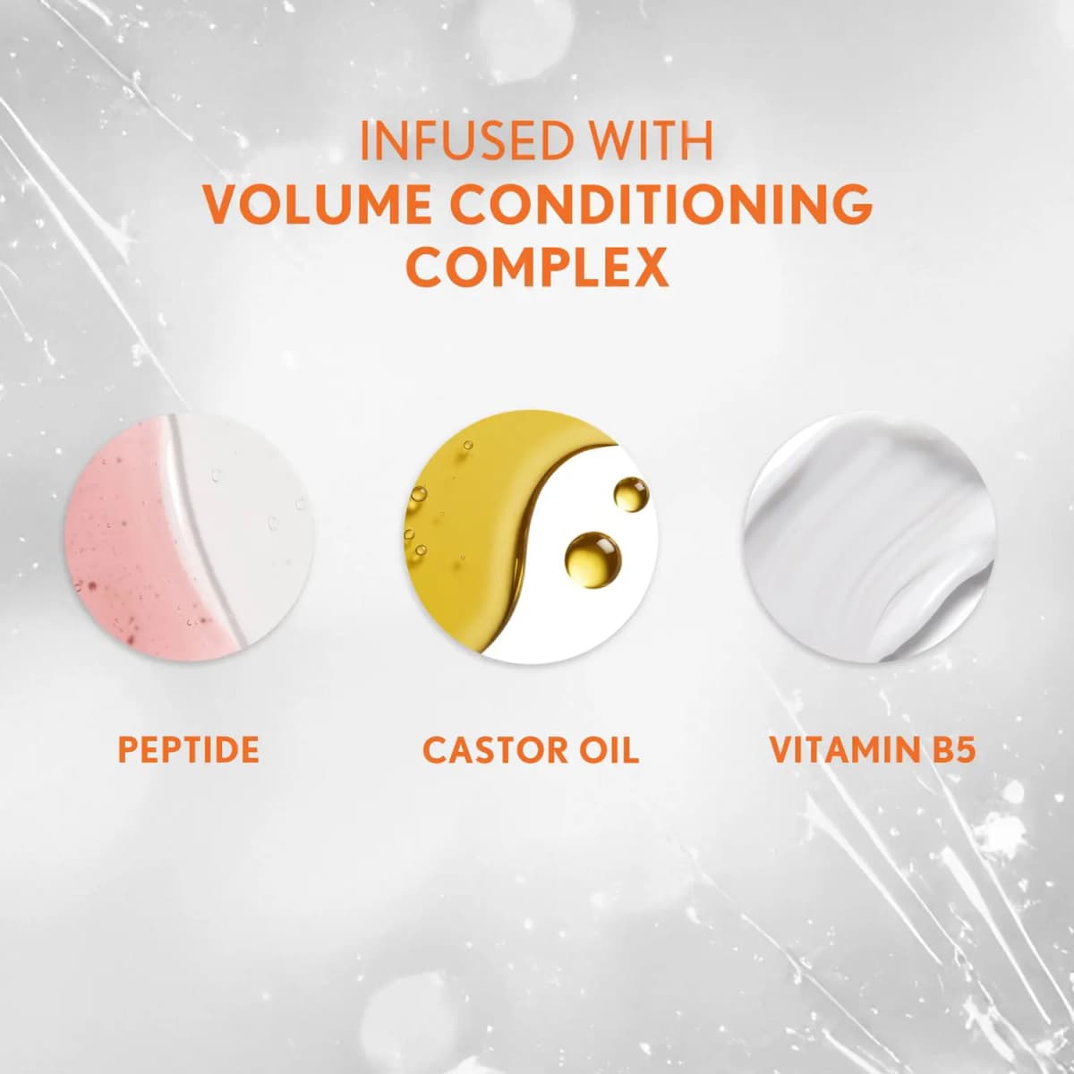 Ingredient swatches of pink peptide gel, golden castor oil drops and white vitamin B5 cream in circles