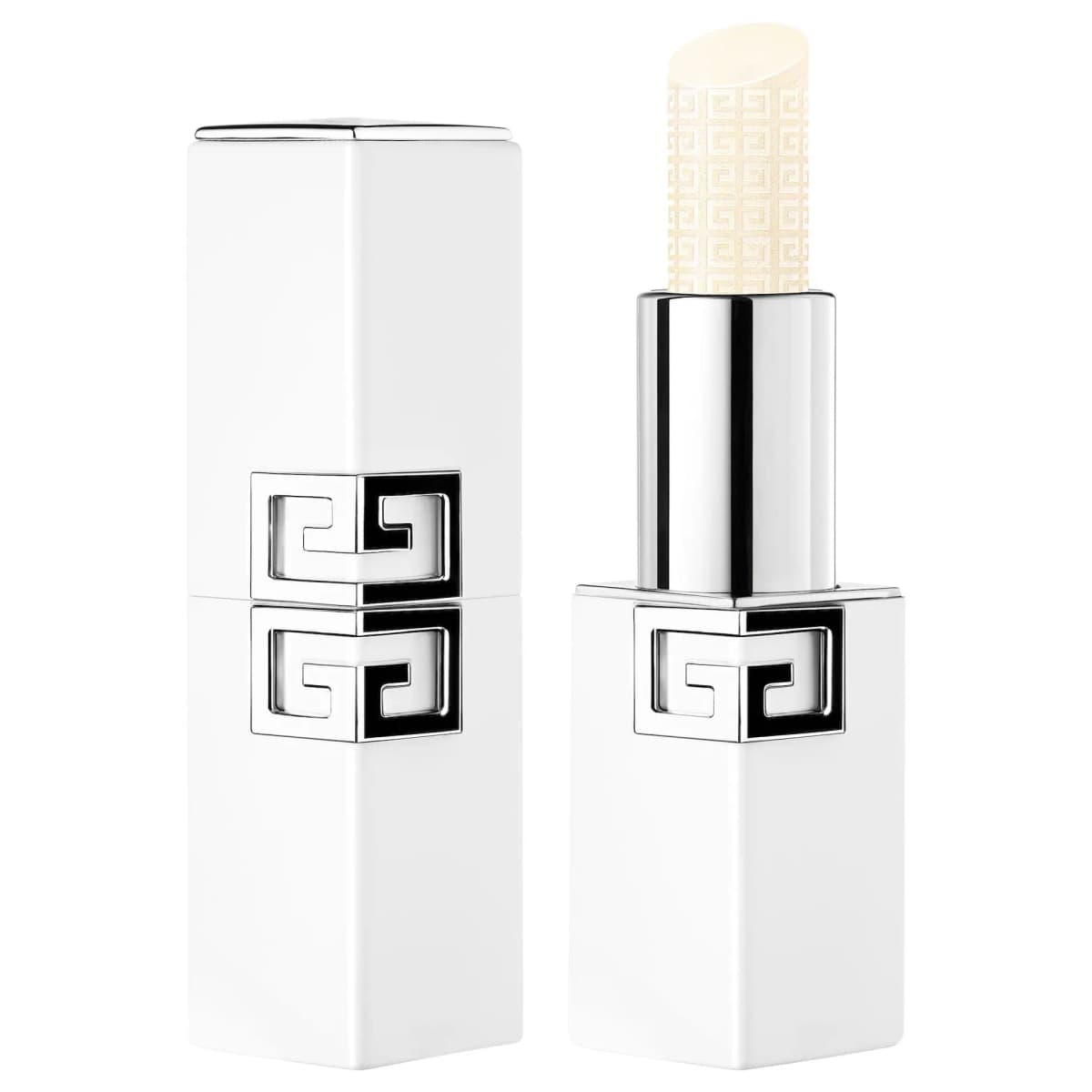 Le Rouge Hydra Balm in a white square case with silver 4G emblem, uncapped to show a shimmery cream bullet