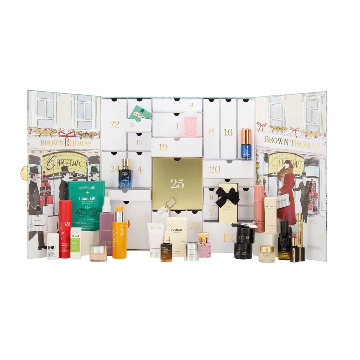 Fully opened calendar displaying all drawers and contents lined up including Murad, Clinique, Estée Lauder, Oribe